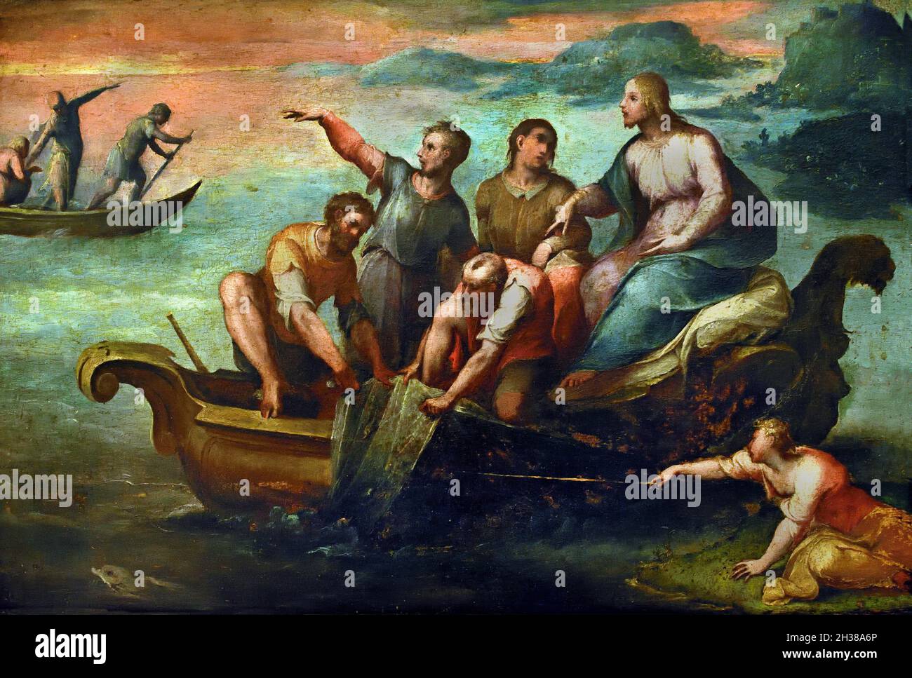 La Pesca Miracolosa - The Miraculous Fishing  16th Century, unknown painter, Italy, Italian,  ( The Miraculous catch of fish or more traditionally the Miraculous Draught of Fish(es), is either of two miracles attributed to Jesus in the canonical gospels.apostles are fishing unsuccessfully in the Sea of Galilee when Jesus tells them to try one more cast of the net, at which they are rewarded with a great catch. ) Stock Photo