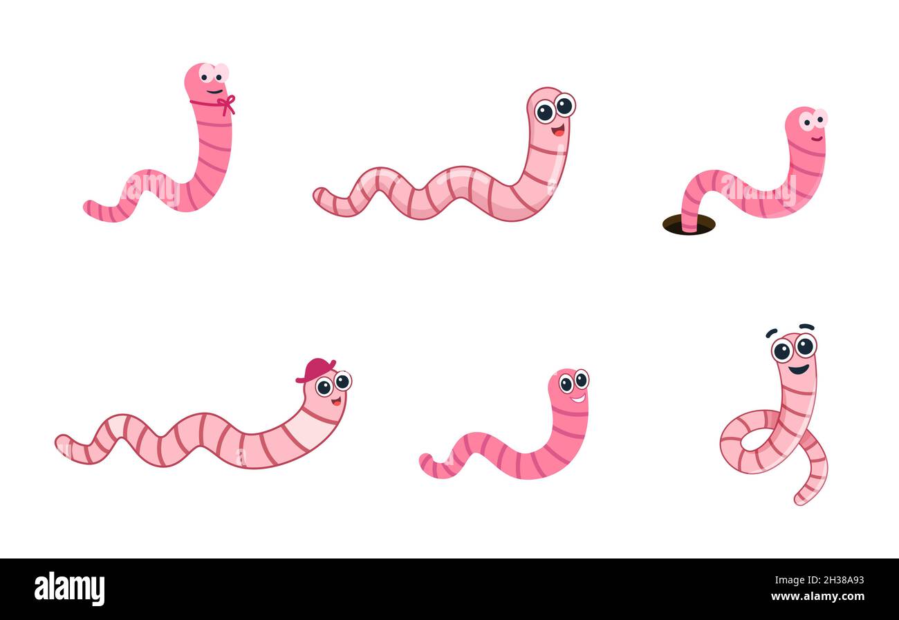 Set Pink worm cartoon character. Earthworms in hat or bow tie Stock Vector  Image & Art - Alamy