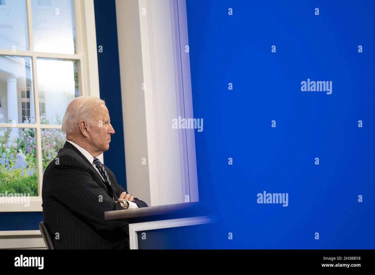 Washington, United States. 26th Oct, 2021. U.S. President Joe Biden listens during a virtual U.S.-Association of Southeast Asian Nations Summit in the South Court Auditorium of the Eisenhower Executive Office Building near the White House in Washington, DC Tuesday, October 26, 2021. Photo by Sarah Silbiger/UPI Credit: UPI/Alamy Live News Stock Photo
