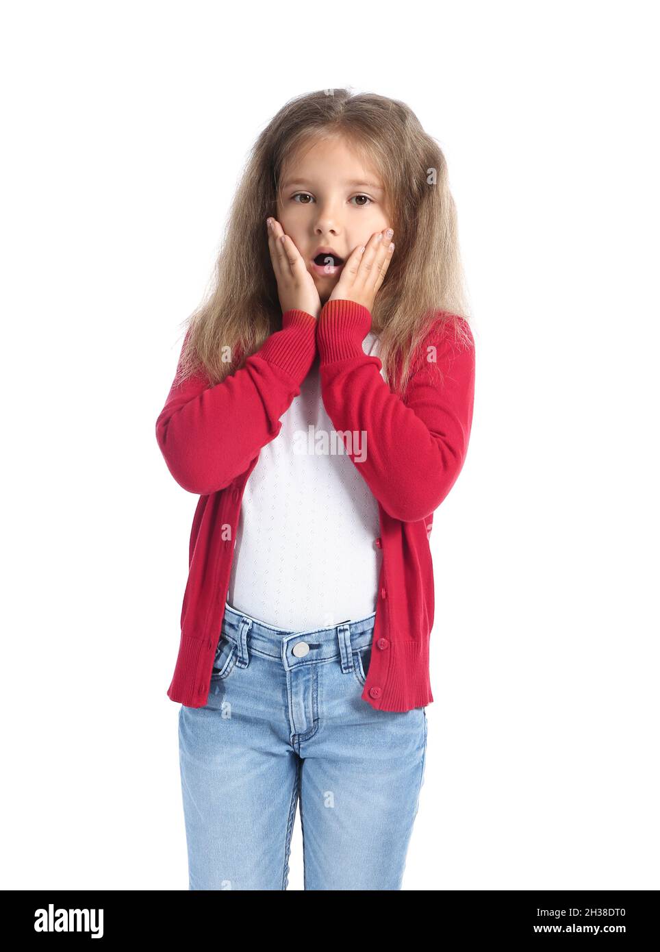 Surprised little girl on white background Stock Photo - Alamy