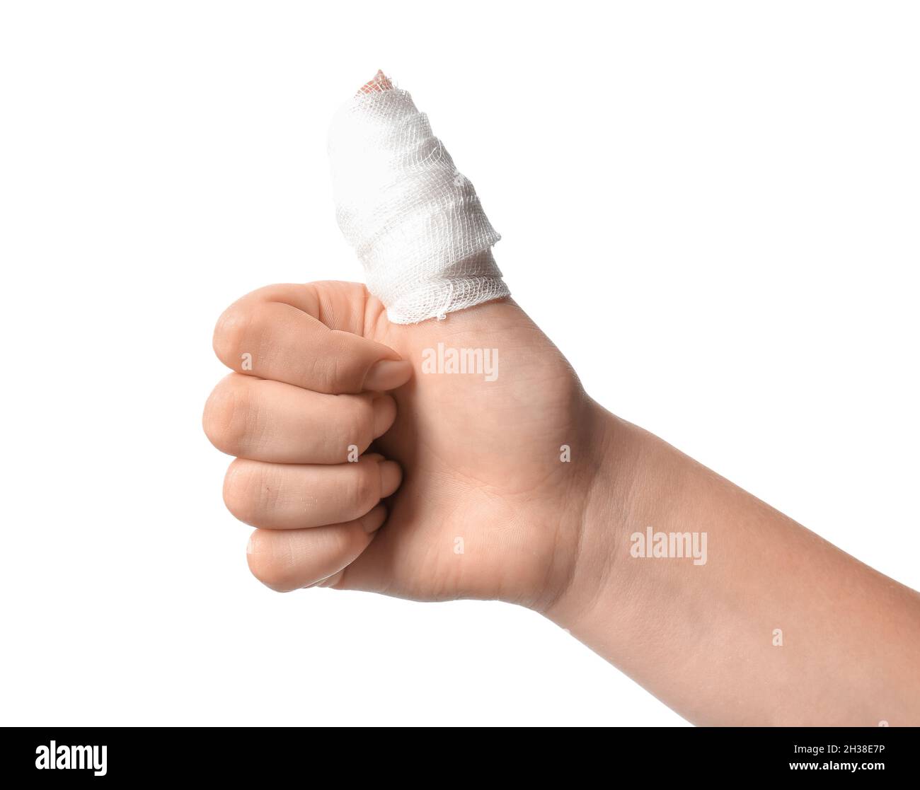 Female hand with bandaged thumb on white background Stock Photo
