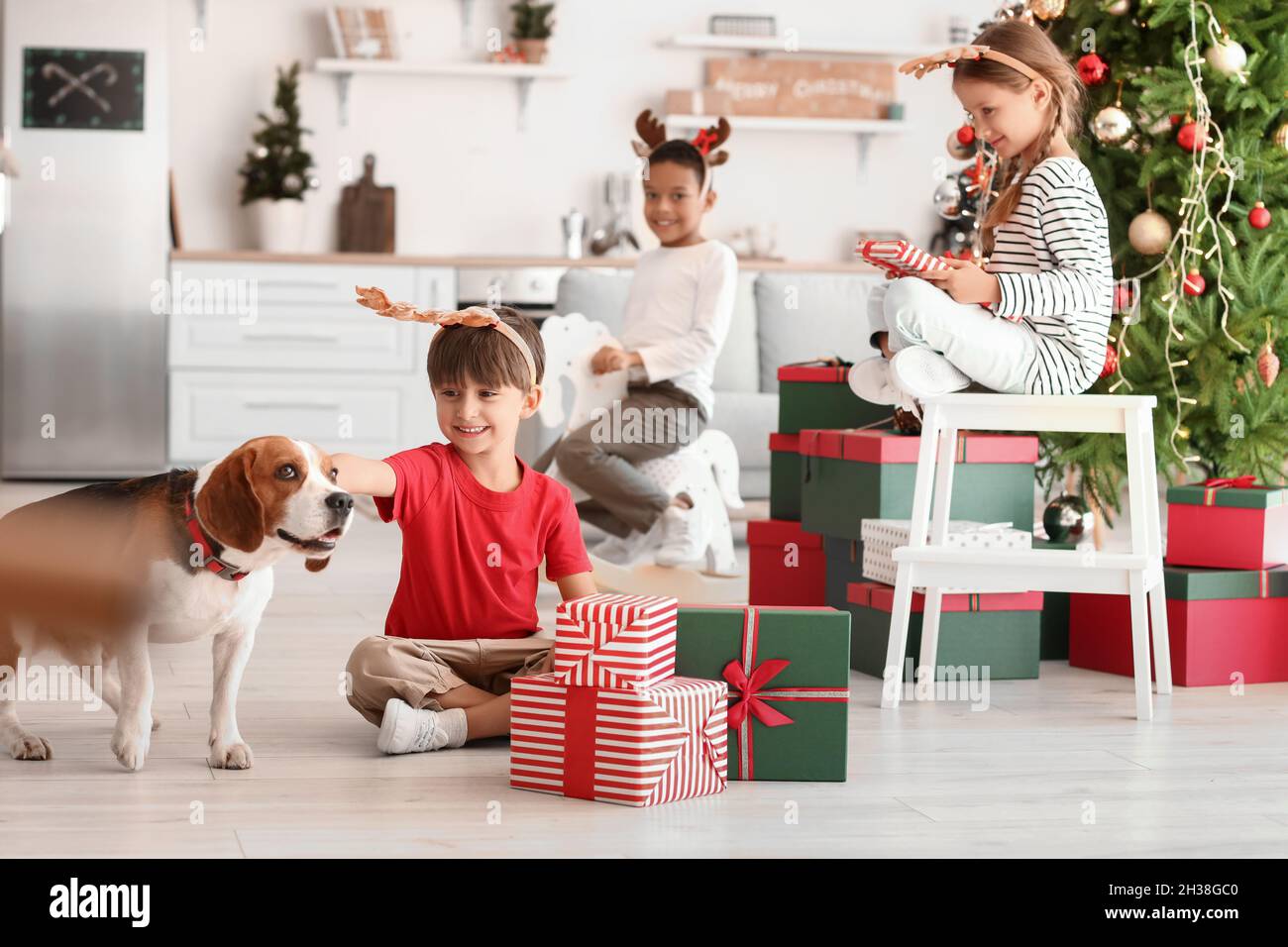 Cute little boy with gifts and dog at home on Christmas eve Stock Photo ...