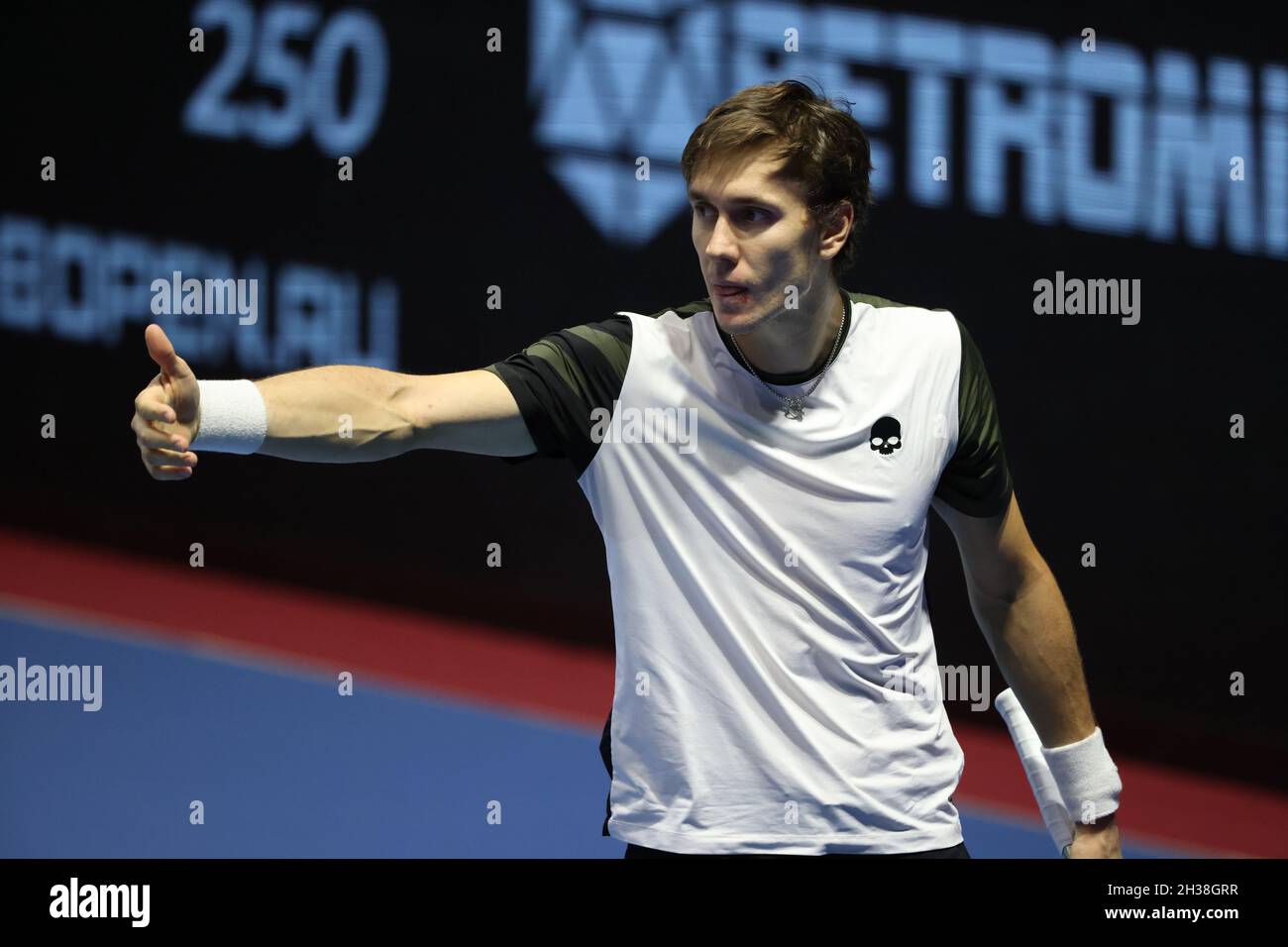St. Petersburg, Russia. 26th Oct, 2021. Egor Gerasimov of Belarus seen in  action during a tennis match against Mackenzie McDonald of USA at the St.  Petersburg Open, 2021 tennis tournament at Sibur