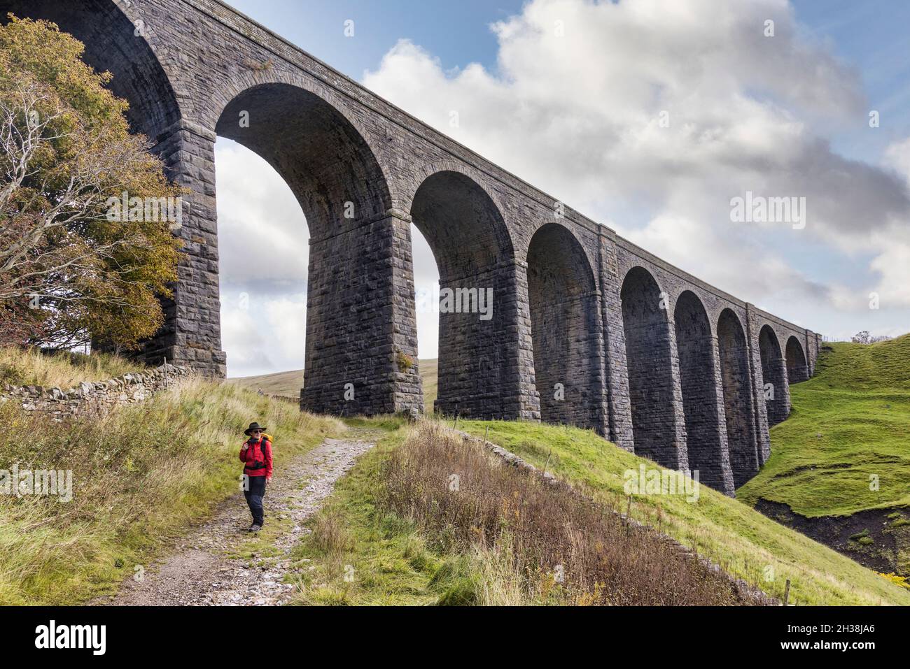 Person walking in a track under the Arten Gill Viaduct on the Settle and Carlisle railway, Dentdale, Yorkshire Dales, UK Stock Photo