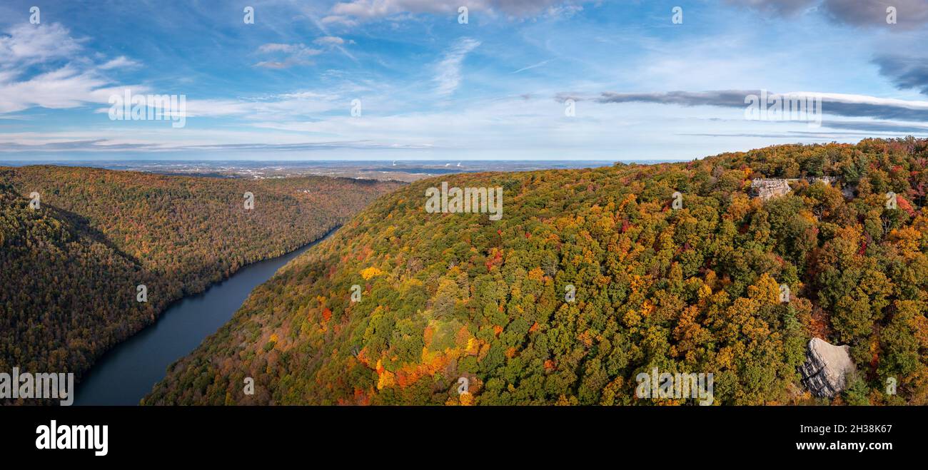 Coopers Rock state park overlook over the Cheat River in narrow wooded in the autumn. Park