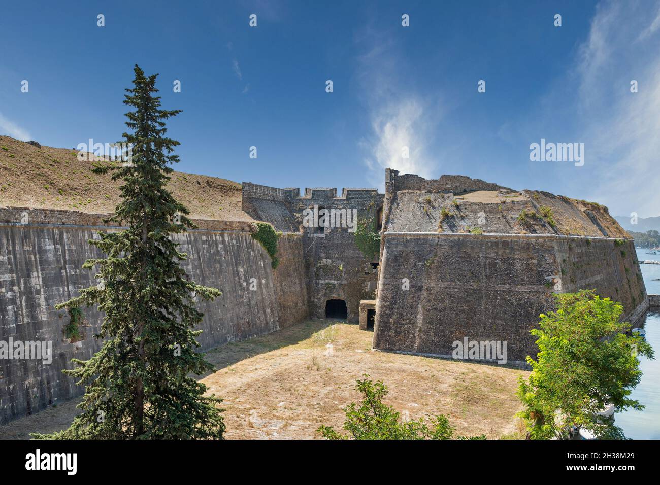 Impregnable walls of medieval New Fortress in Kerkyra Old Town. Corfu