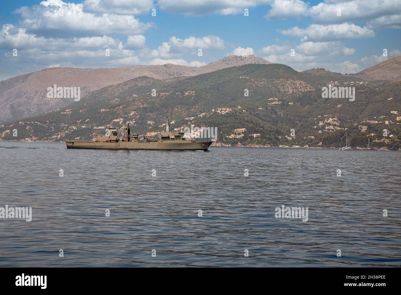 NATO military logistic support vessel off the coast of Corfu island, Greece Stock Photo