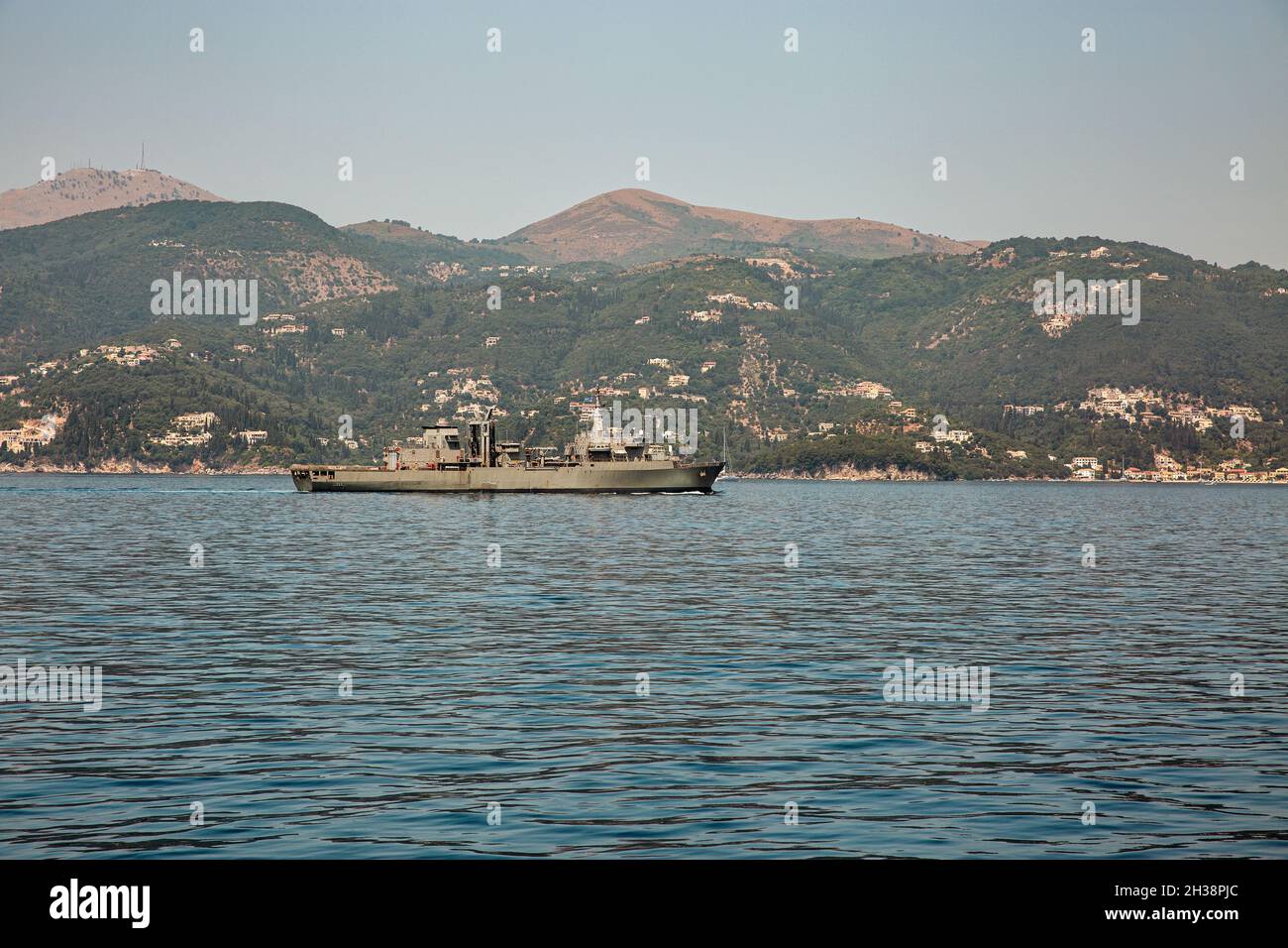 NATO military logistic support vessel off the coast of Corfu island, Greece Stock Photo