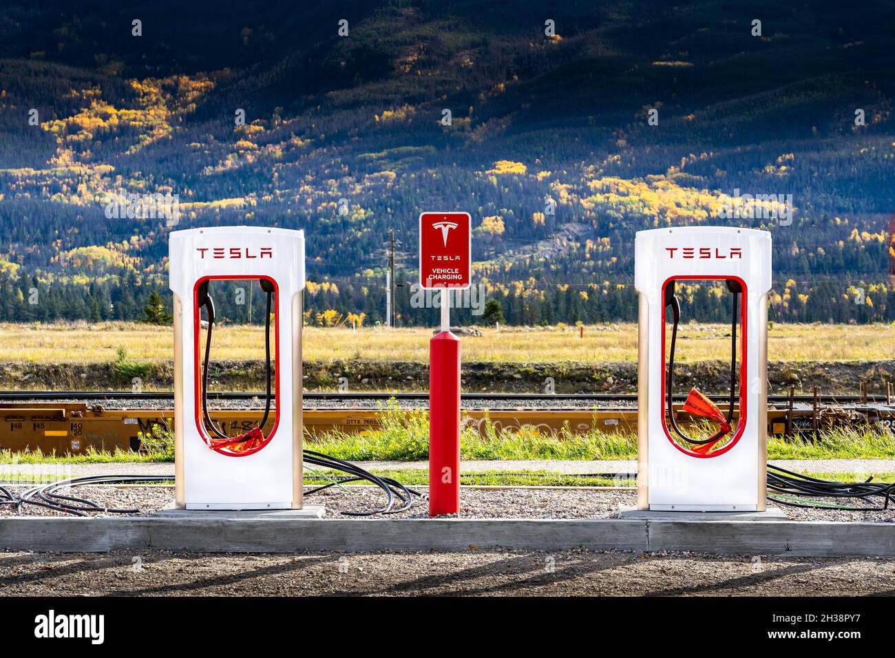 Jasper Alberta Canada, October 05 2021: Electric Car Charging Station being installed at a National Park in the Canadian Rockies. Stock Photo