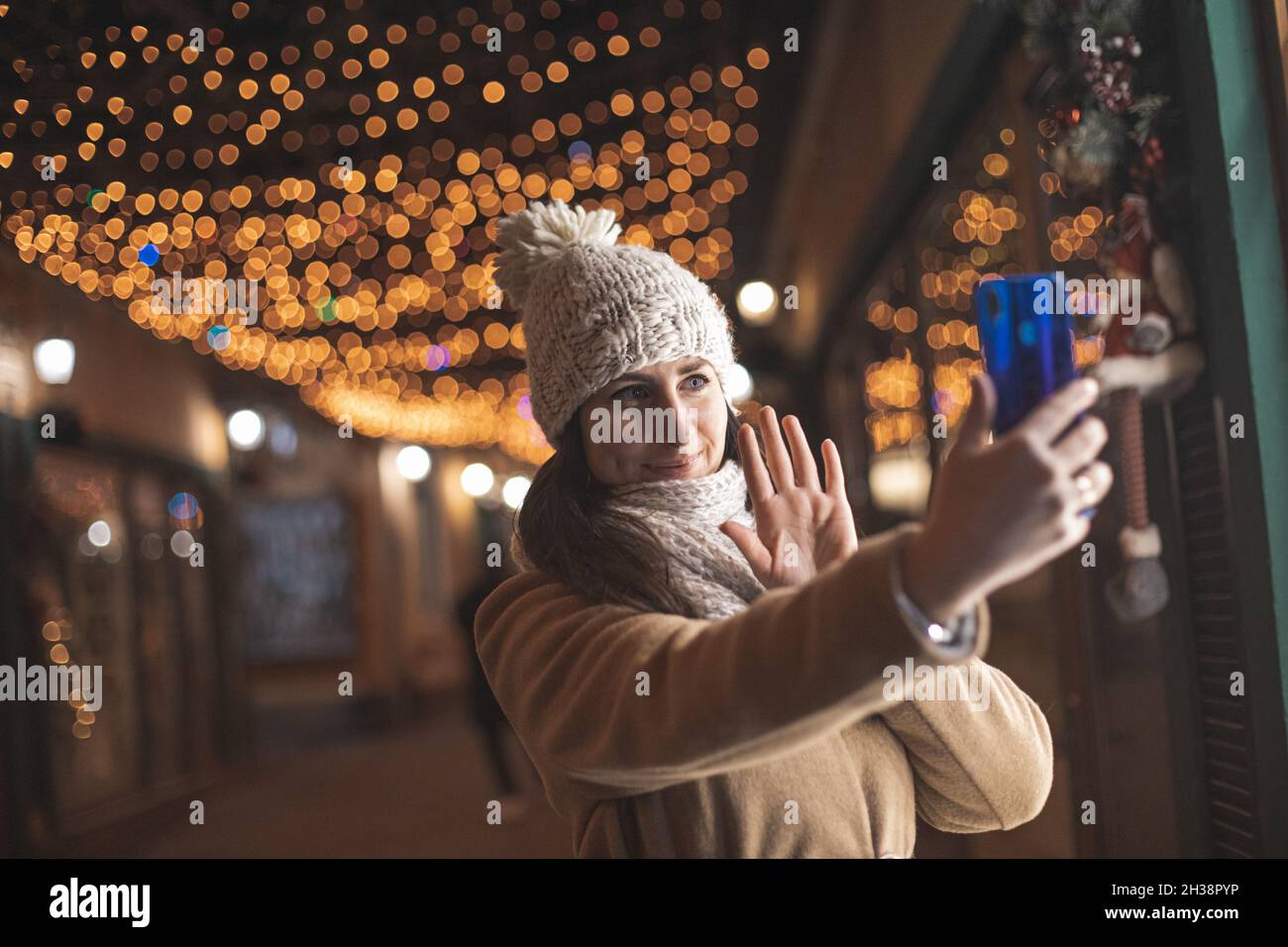 Woman walk and take a live broadcast to the social media Stock Photo