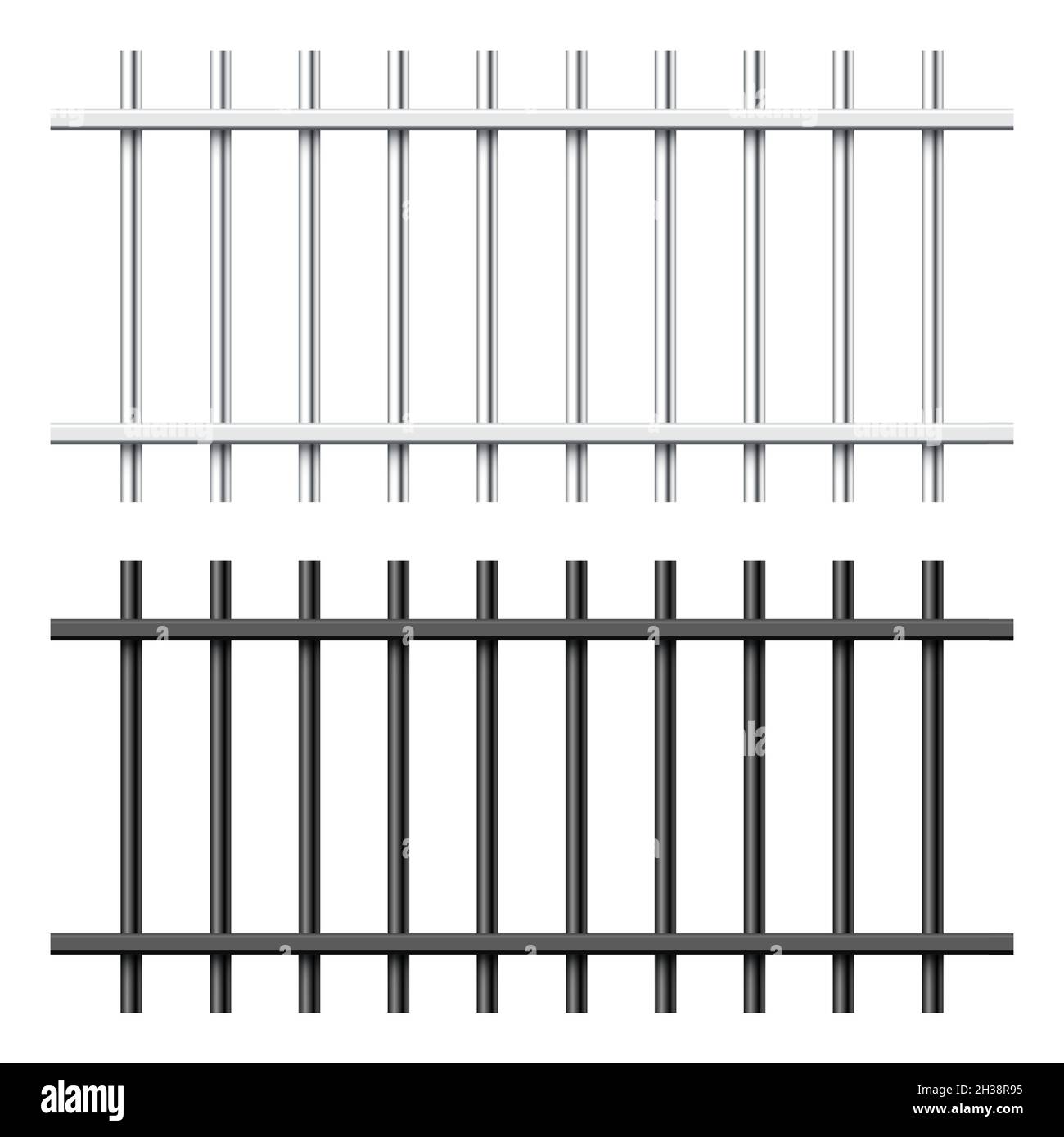 Realistic black and silver metal prison bars isolated on white background. Detailed jail cage