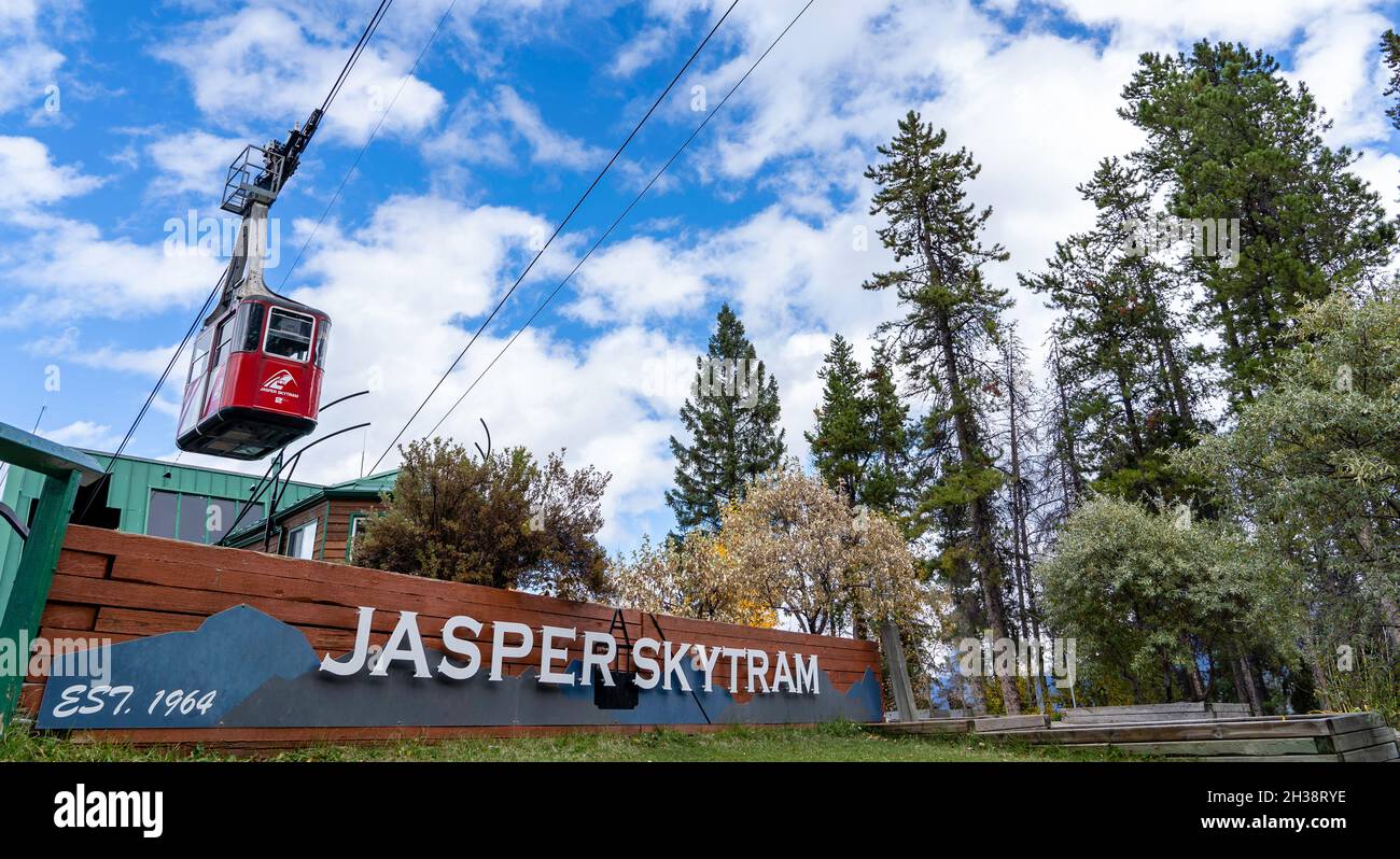Jasper Alberta Canada, October 05 2021: The Whistlers Mountain Sky Tram at a popular tourist destination. Stock Photo