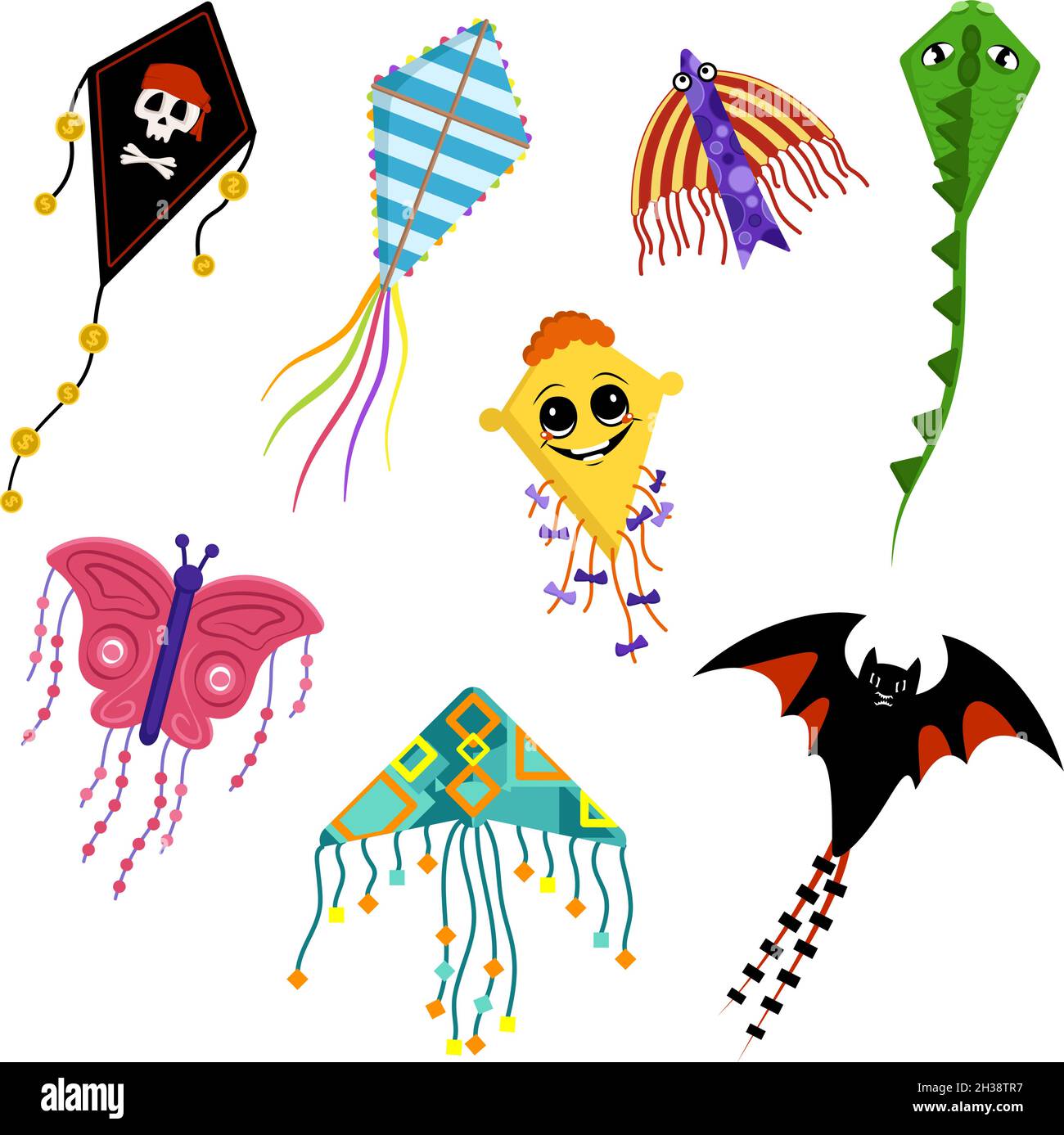 Set of bright and cheerful kites in form of pirate flag, dragon, butterfly, bat, fish and happy face. Summer flying kite festival. Children toy for open air and in wind Stock Vector