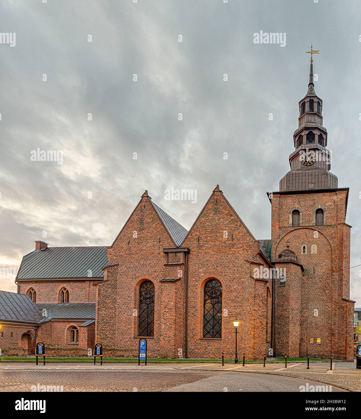 the Gothic church of St. Peter in red brick against a grey sky, Ystad, Sweden, September 14, 2021 Stock Photo