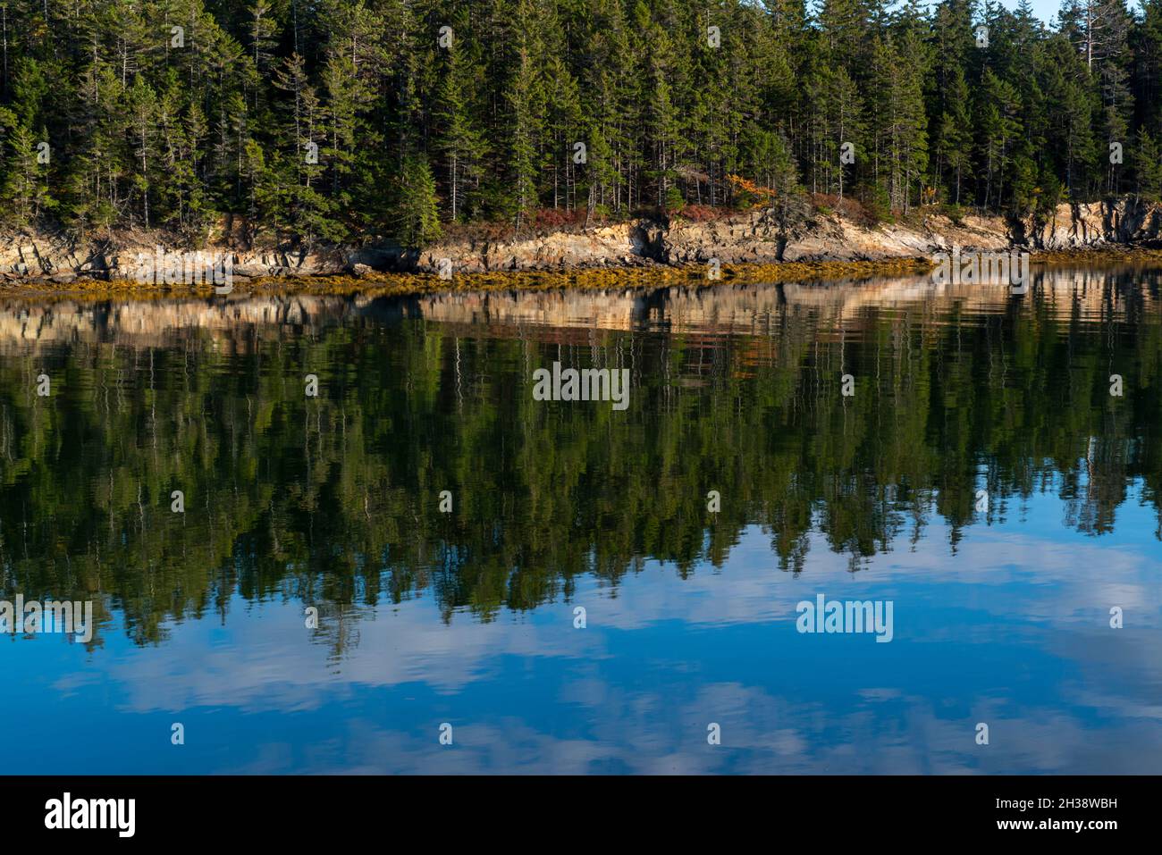 Rocky Maine coast.  Seen from Barnes Island.  Harpswell. Stock Photo