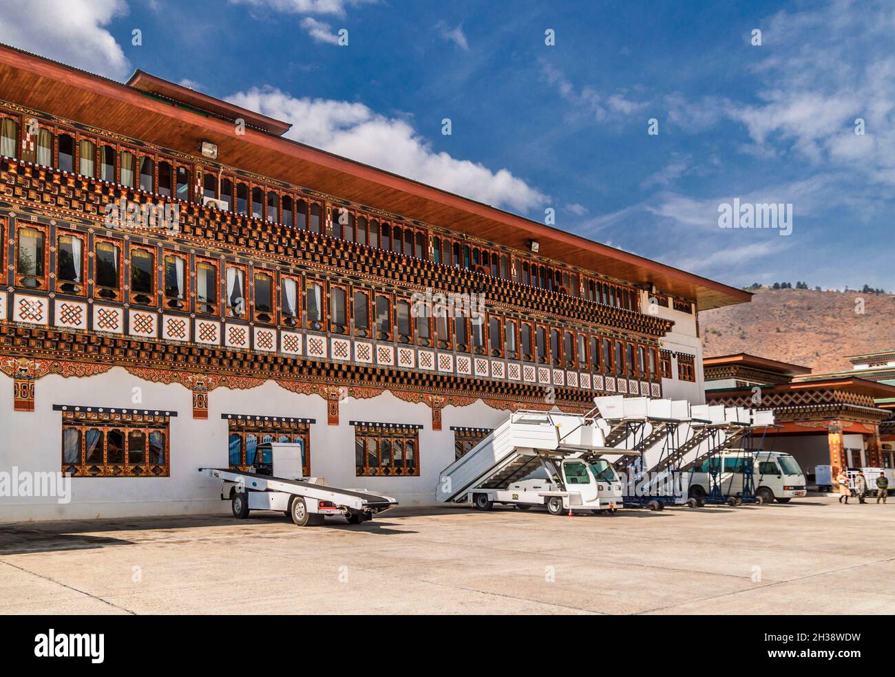 Paro/ Bhutan - February 26, 2016: the building of Paro Airport in traditional bhutan architecture style in Bhutan/ It is one of the most challenging a Stock Photo