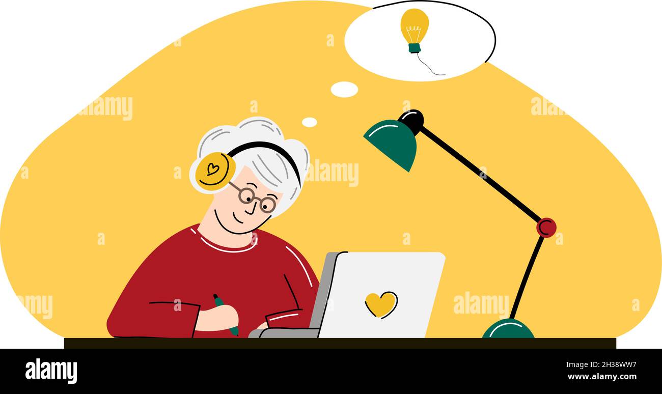 Happy granny stydies and communicate via laptop Stock Vector