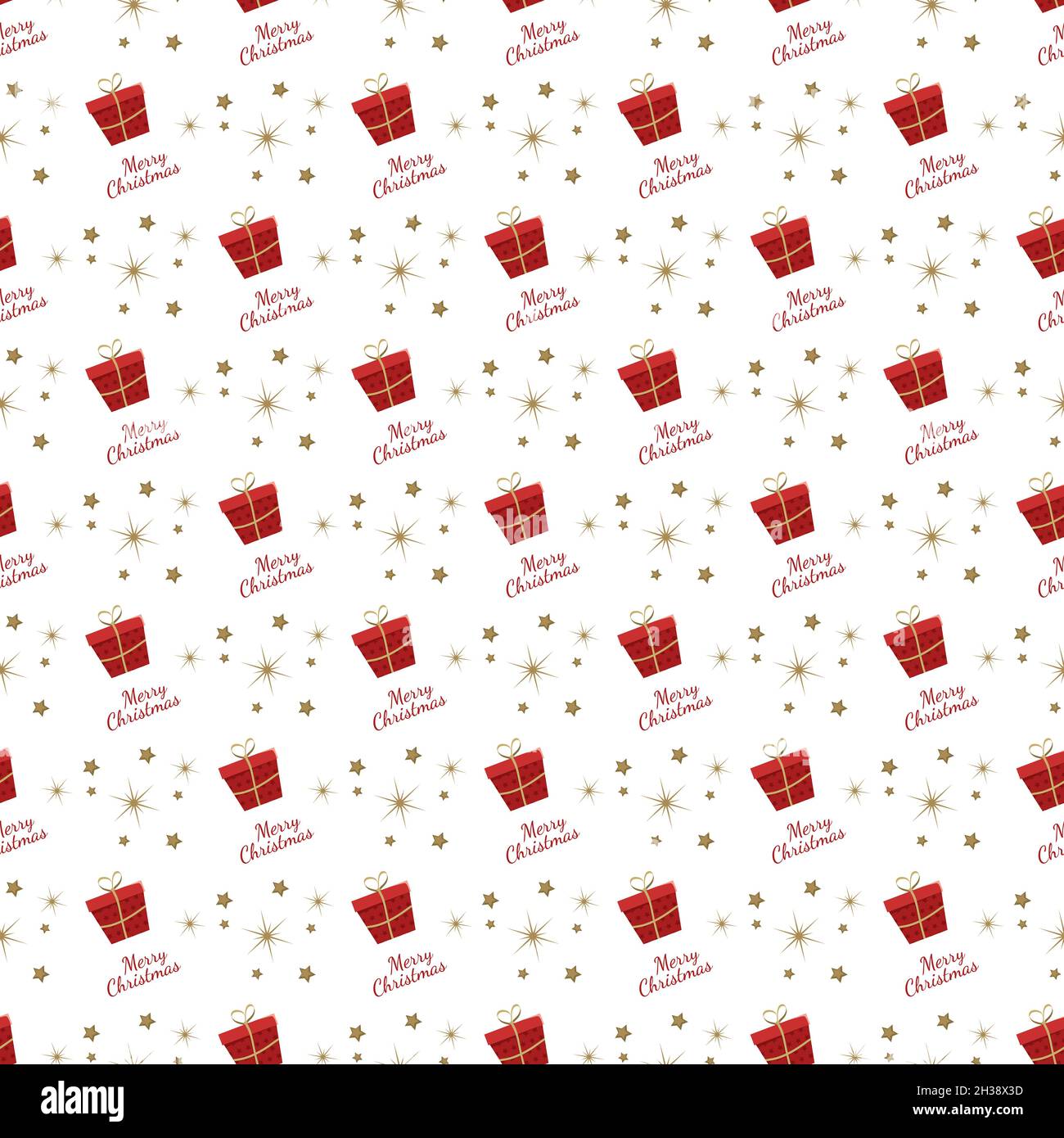 Seamless pattern with red festive Christmas gift box, text and stars on ...