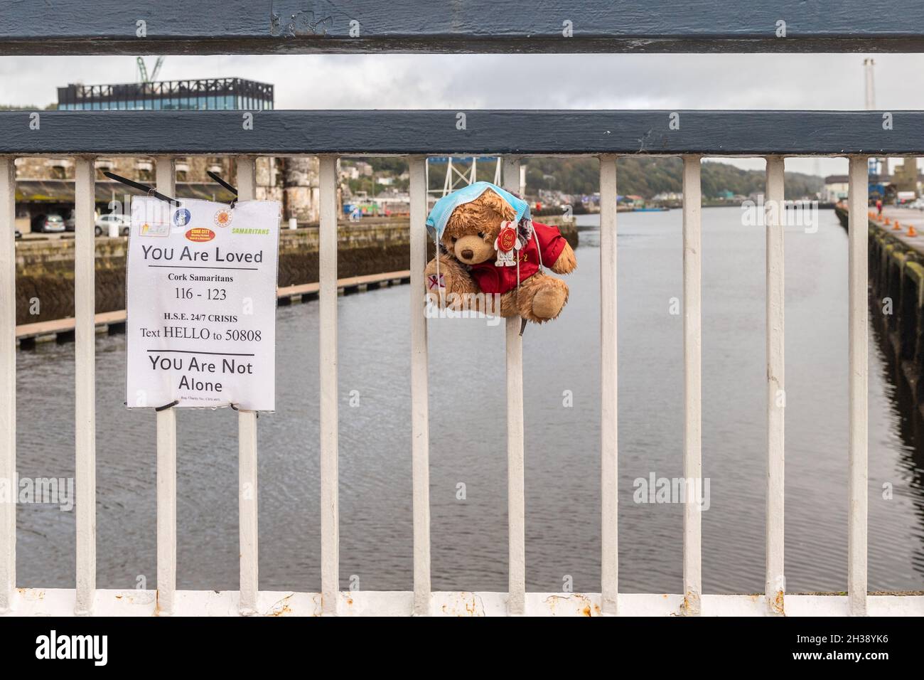 Cork Samaritans 'You Are Not Alone' sign and cuddly toy - suicide prevention. Stock Photo
