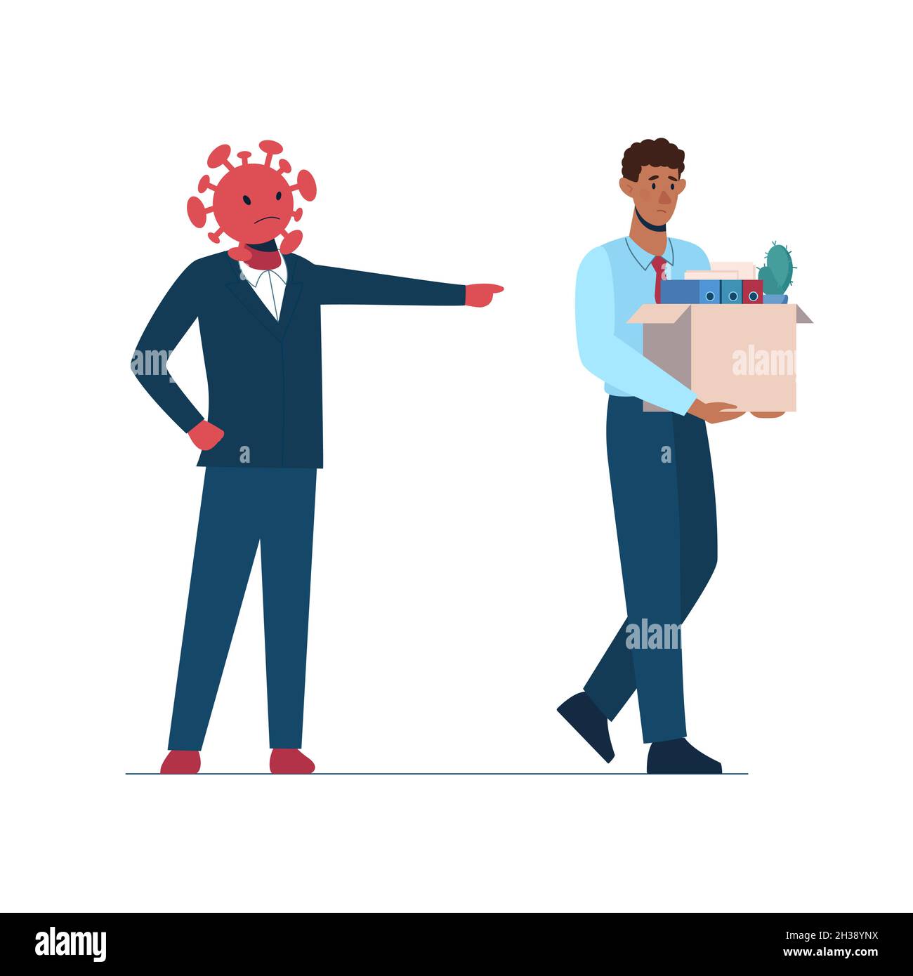 Job loss due to covid-19 virus, economic downturn. The coronavirus leaves people unemployed. A fired African man leave the office with a box in their hands. Dismissed employeest. Vector. Stock Vector