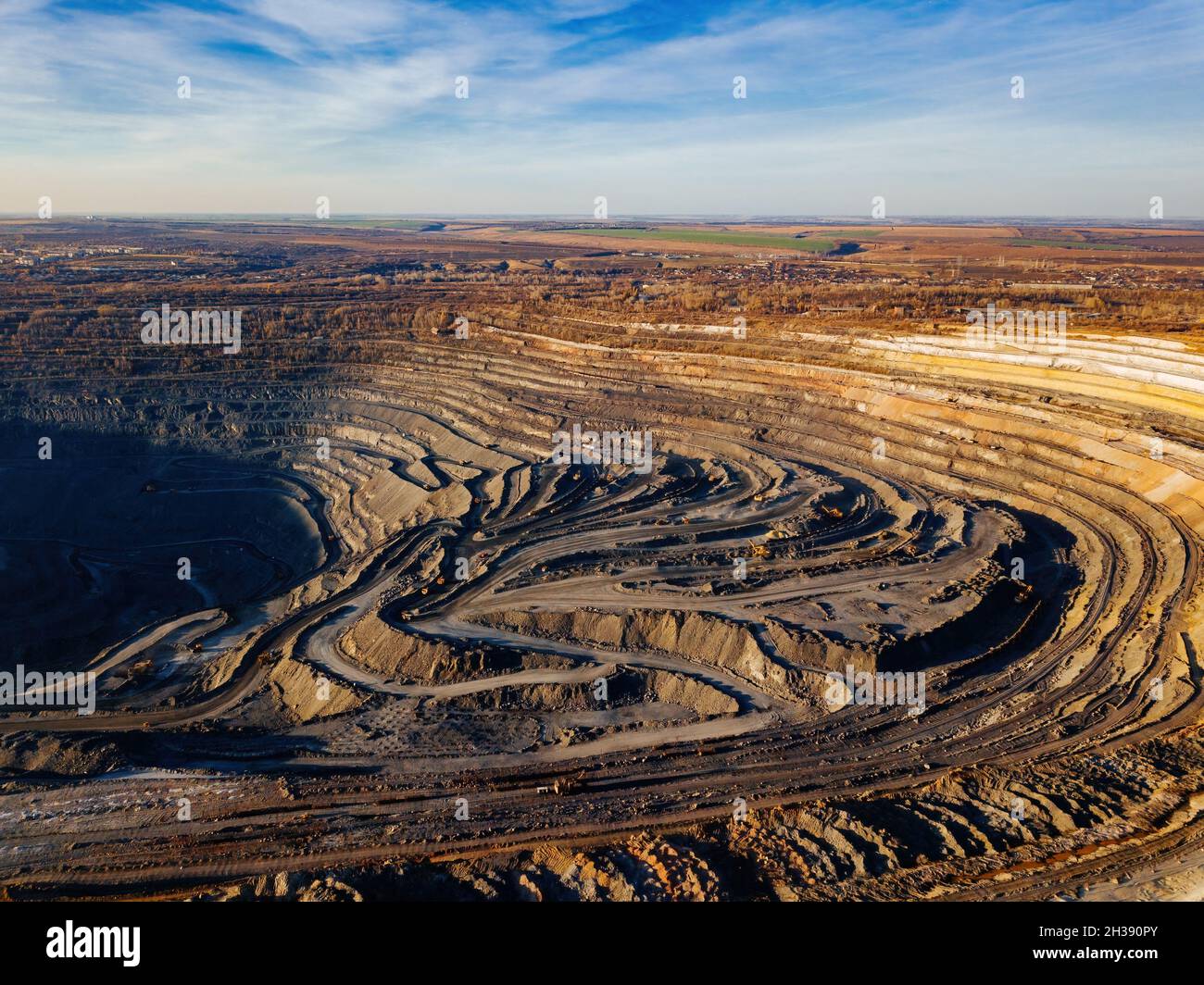 Open pit mine in mining and processing plant, aerial view. Stock Photo