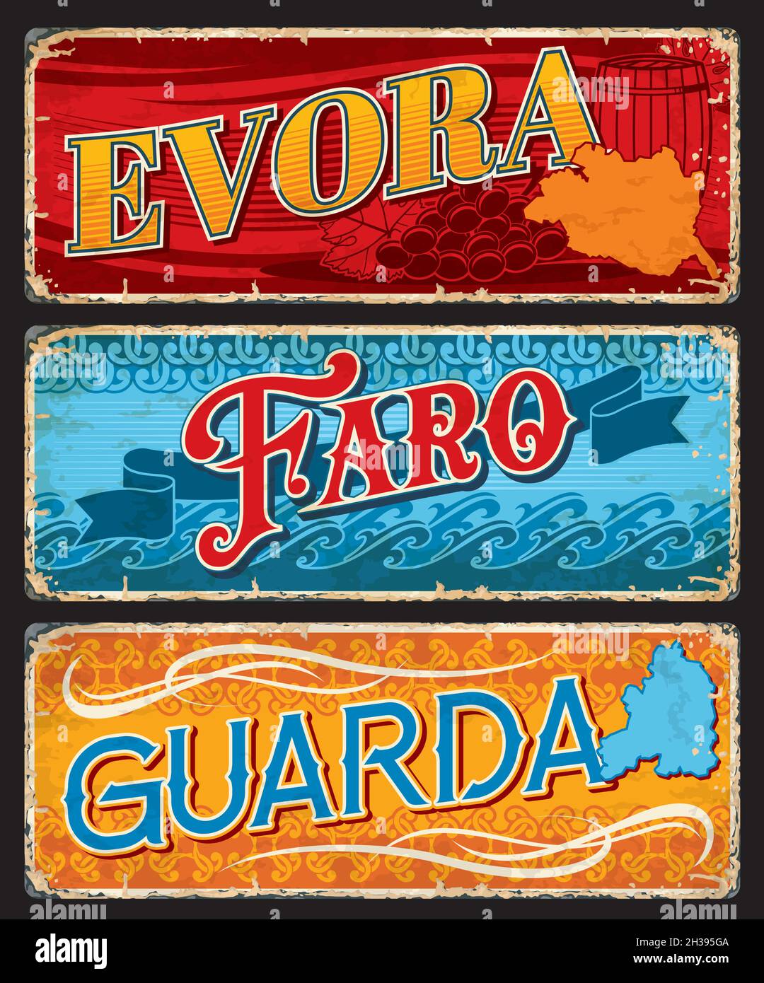 Evora, Faro and Guarda, Portuguese province plates, vector travel tin signs. Portugal cities and provinces luggage tags with welcome taglines or touri Stock Vector