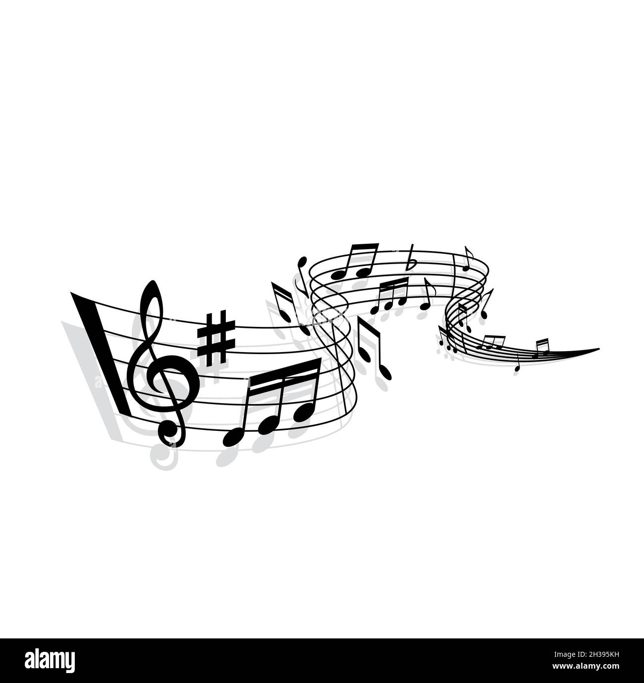 Music wave of vector sheet music with musical notes, swirling staff, treble clef, bar lines and sharp symbol with shadow. Musical notation marks of me Stock Vector