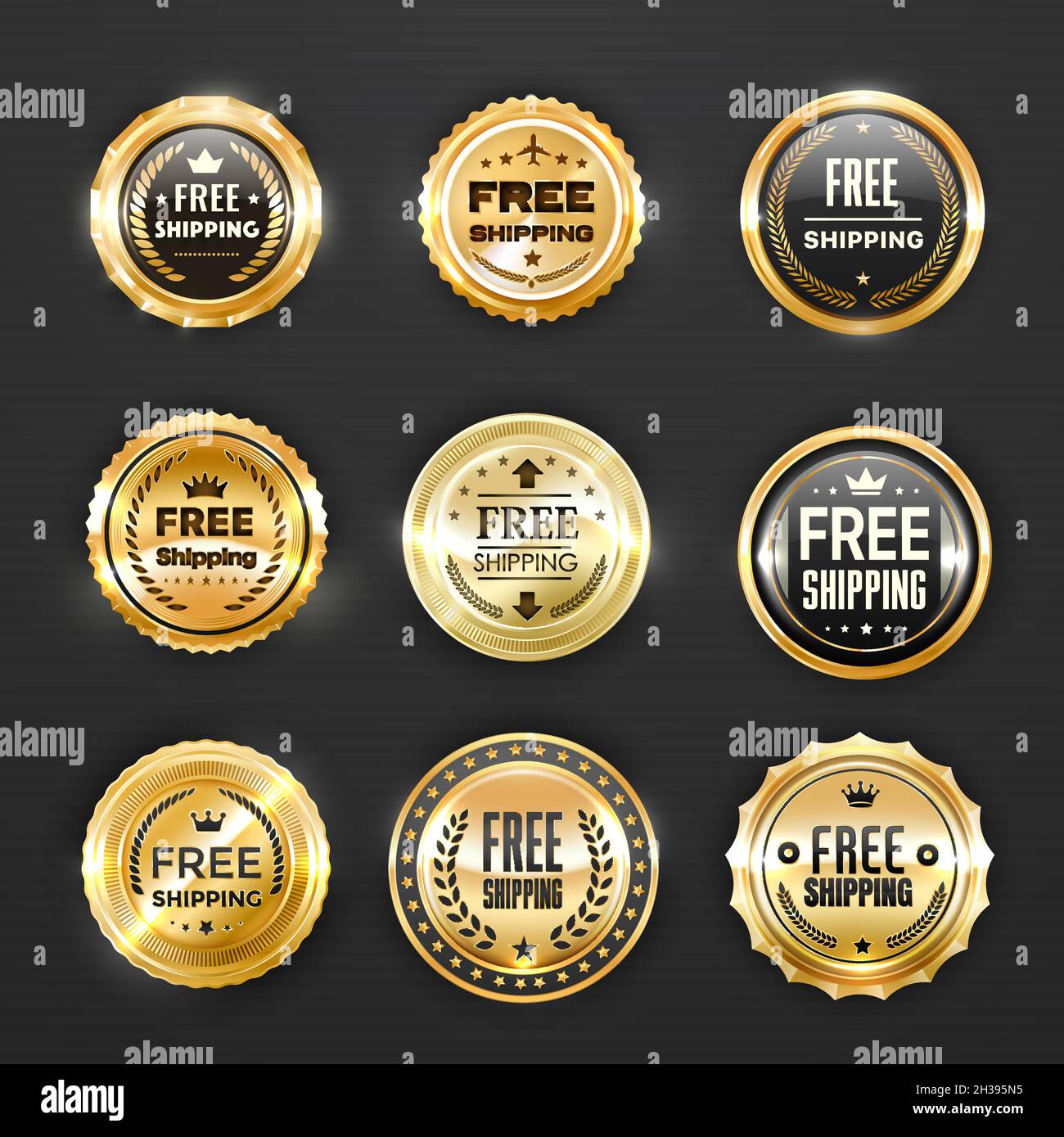 Free shipping and delivery golden labels, seal, medal badges with laurel wreaths and crowns. Sale or discount offer promotion, service warranty, premi Stock Vector