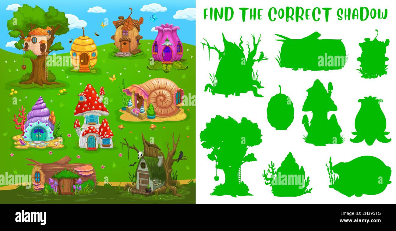 Find correct shadow, fairy house, kids game riddle or tabletop puzzle, vector. Shadow match board game with silhouettes of cartoon homes of dwarf or g Stock Vector Image & Art - Alamy Find correct shadow, fairy house, kids game riddle or tabletop puzzle, vector. Shadow match board game with silhouettes of cartoon homes of dwarf or g Stock Vector Image & Art - Alamy
