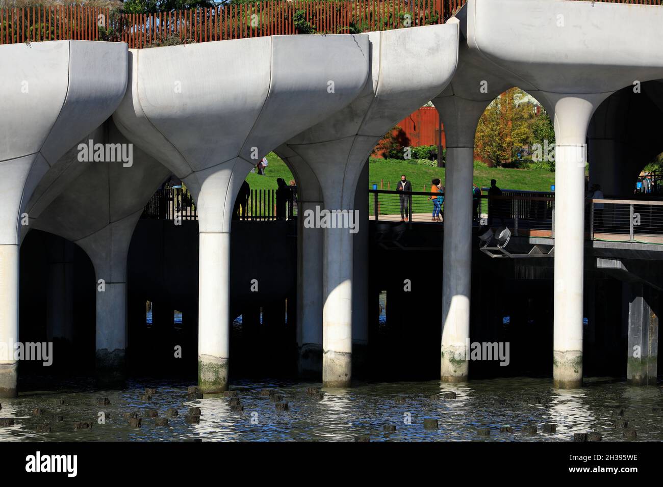 "Tulips" the pot-shaped structures of Little Island at pier 55.Manhattan.New York City.USA Stock Photo
