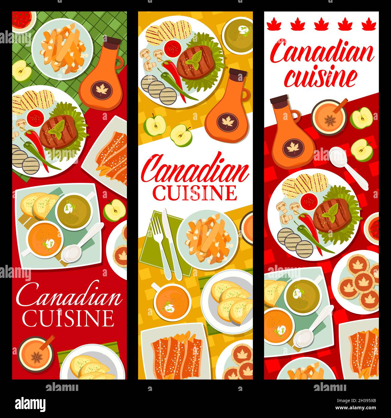 Canadian food restaurant dishes banners. French fries with cheese and