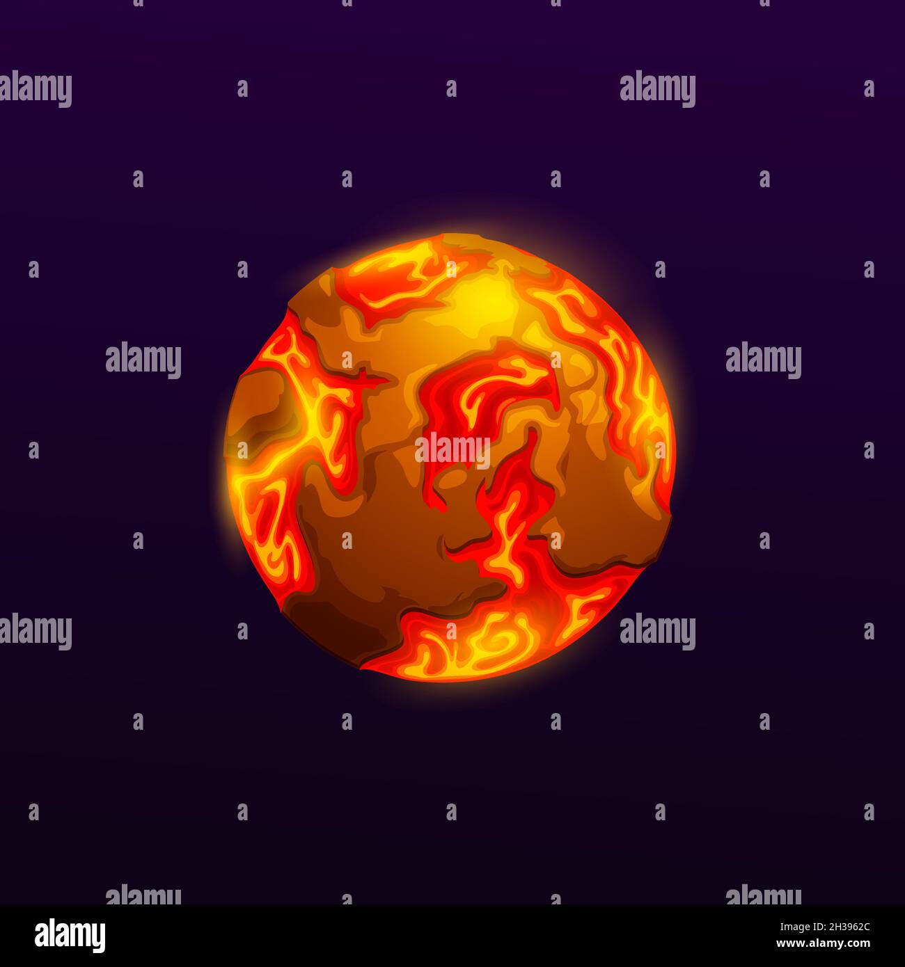 Cartoon space planet with lava and fire oceans. Proto-Earth, far galaxy