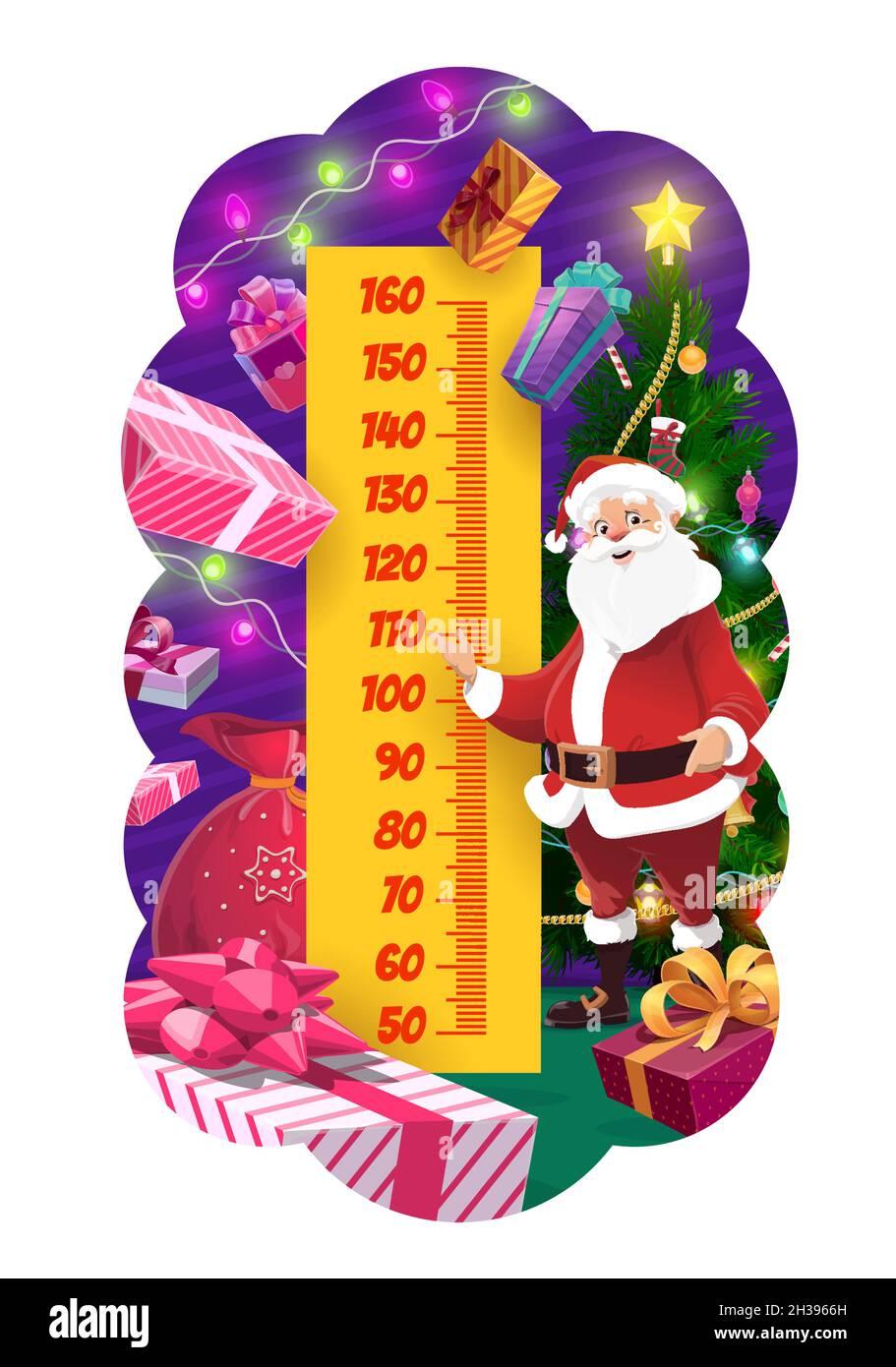 Christmas kids height chart, cartoon Santa with holiday tree growth