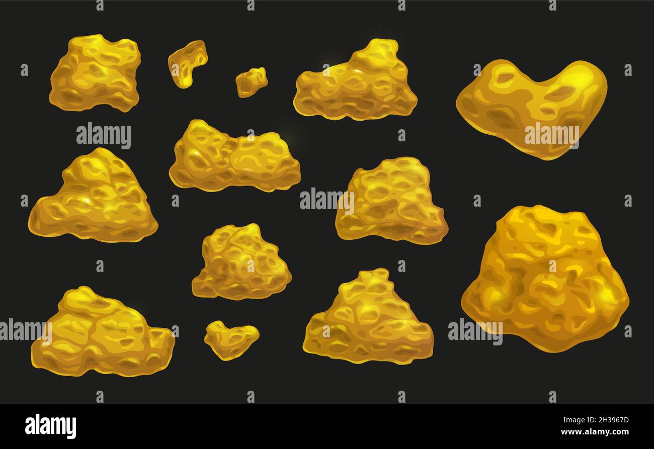 Cartoon golden nuggets, mining industry or game asset, vector icons