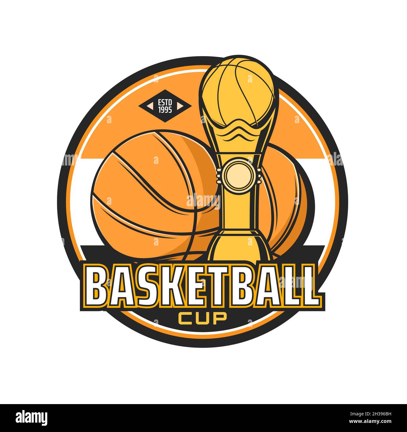 Basketball cup icon with ball and sport prize. Sport competition, basketball teams cup or championship matches vector retro emblem, label or sticker w Stock Vector