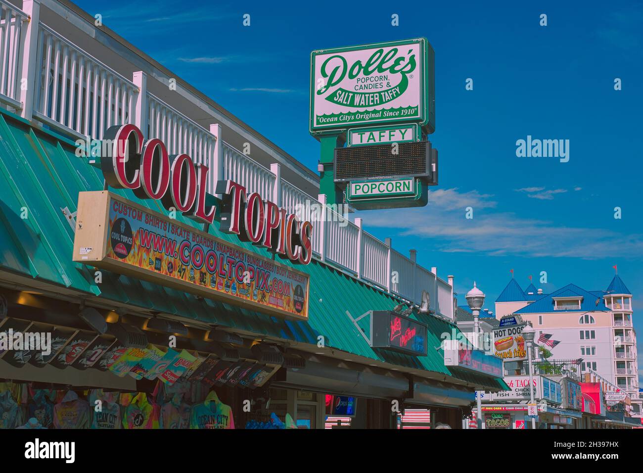 Colorful store signage along the Ocean City boardwalk attracts business in this resort area of