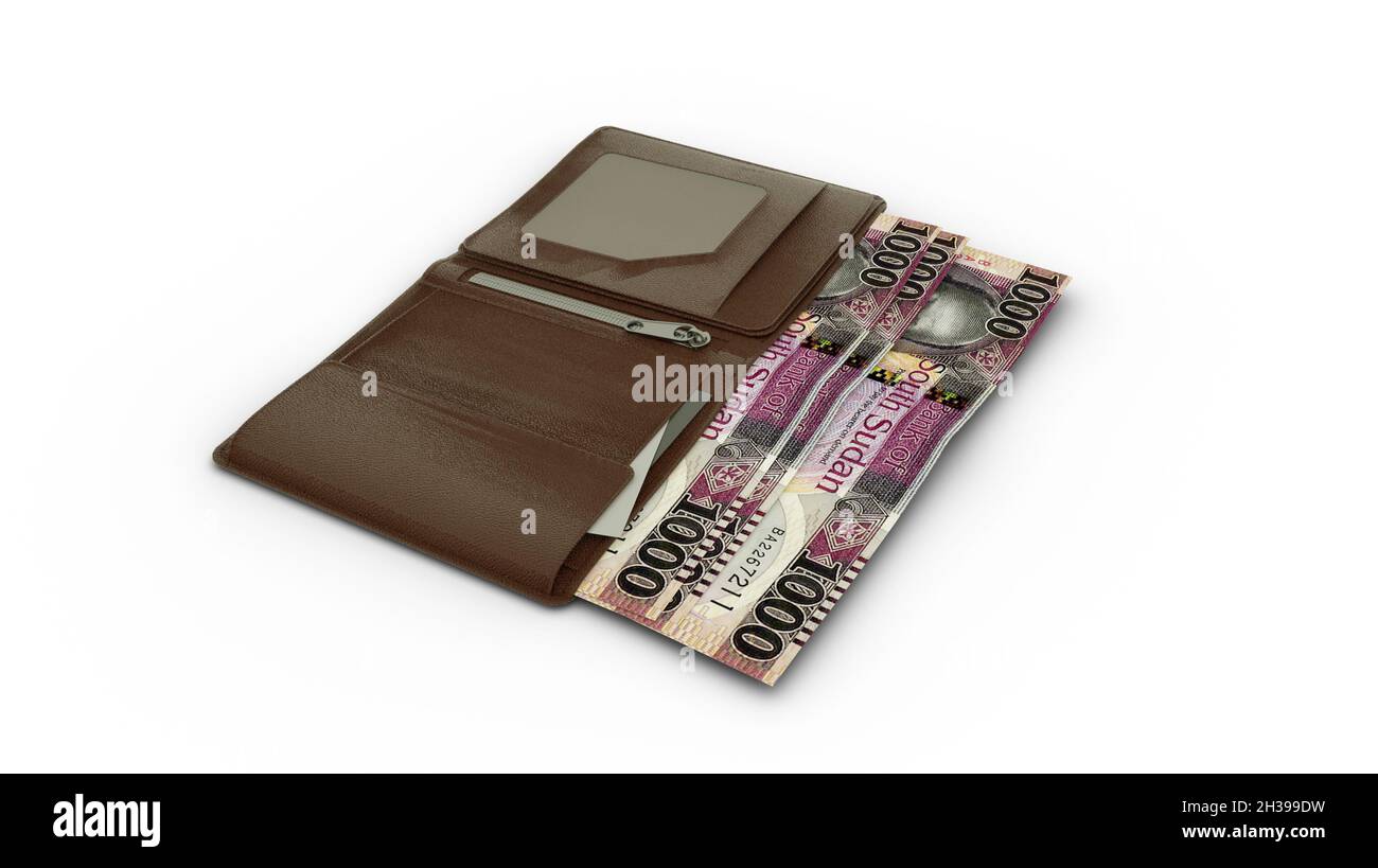 3D rendering of South Sudanese pound notes in wallet Stock Photo