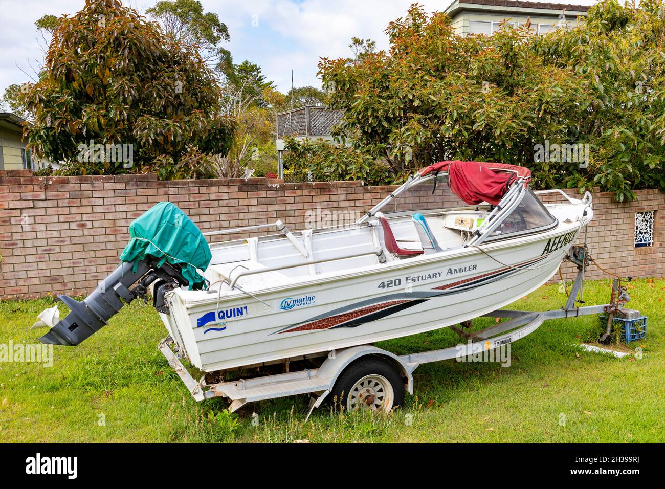 Small quintrex estuary fishing boat on a boat trailer in north Sydney,Australia Stock Photo
