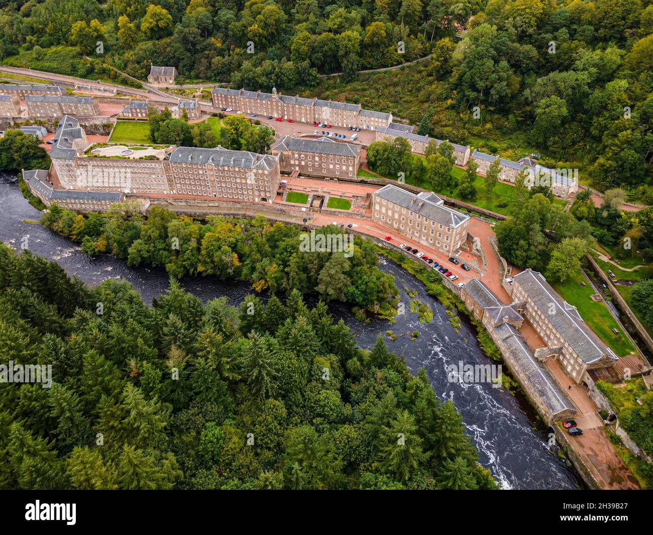 Aerial of the Unesco world heritage site the industrial town New Lanark