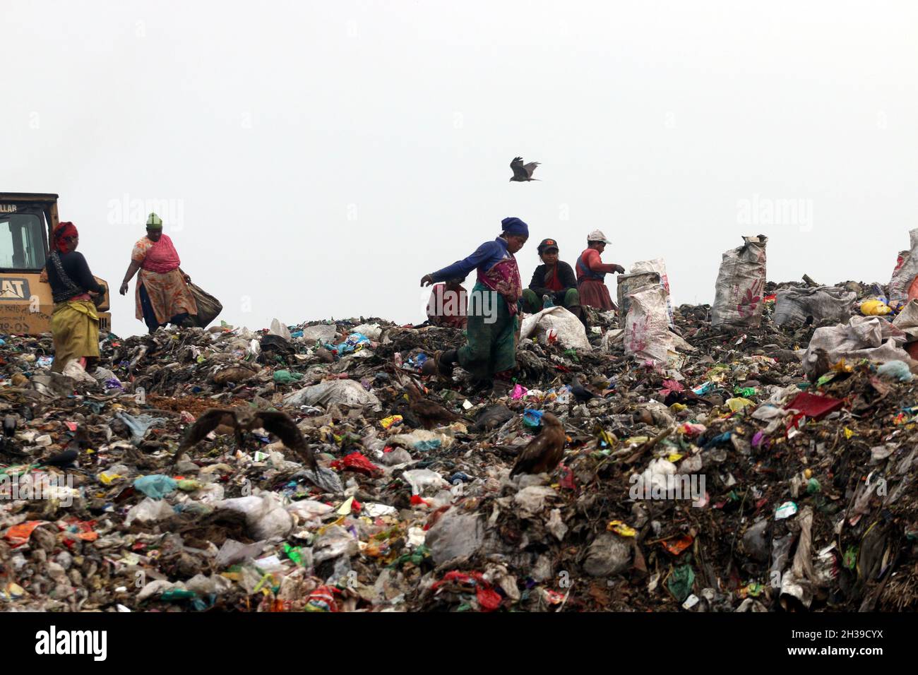 Non Exclusive: People recycle non-biodegradable waste at a garbage dump in Dhaka to be used in the recycling industry. In urban areas of Bangladesh ar Stock Photo