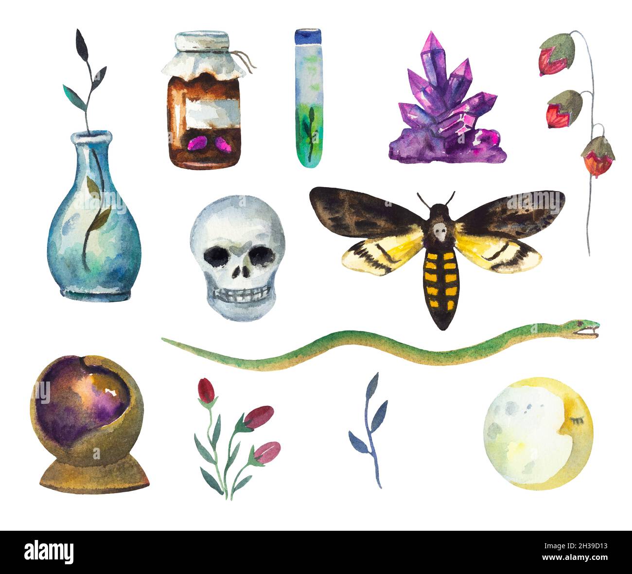 Set of magic and mystic watercolor elements isolated on white