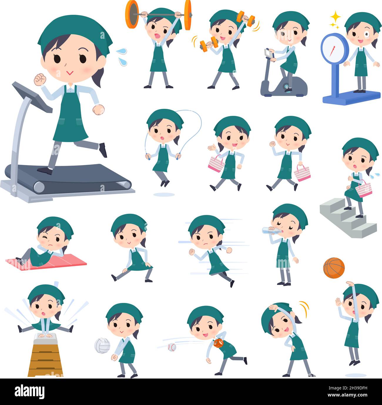 A set of Supermarket staff woman on exercise and sports.It's vector art so easy to edit. Stock Vector