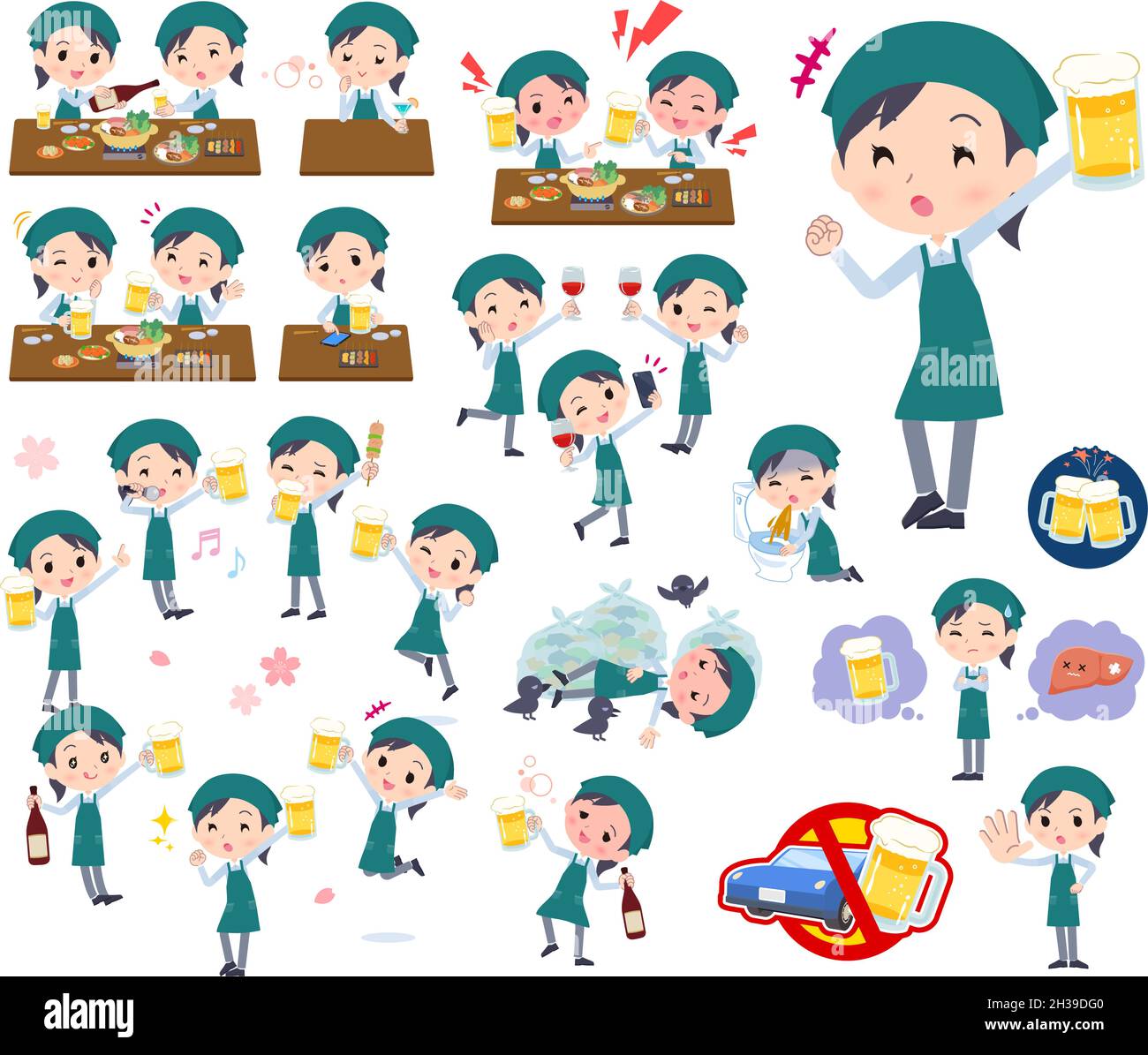 A set of Supermarket staff woman related to alcohol.It's vector art so easy to edit. Stock Vector