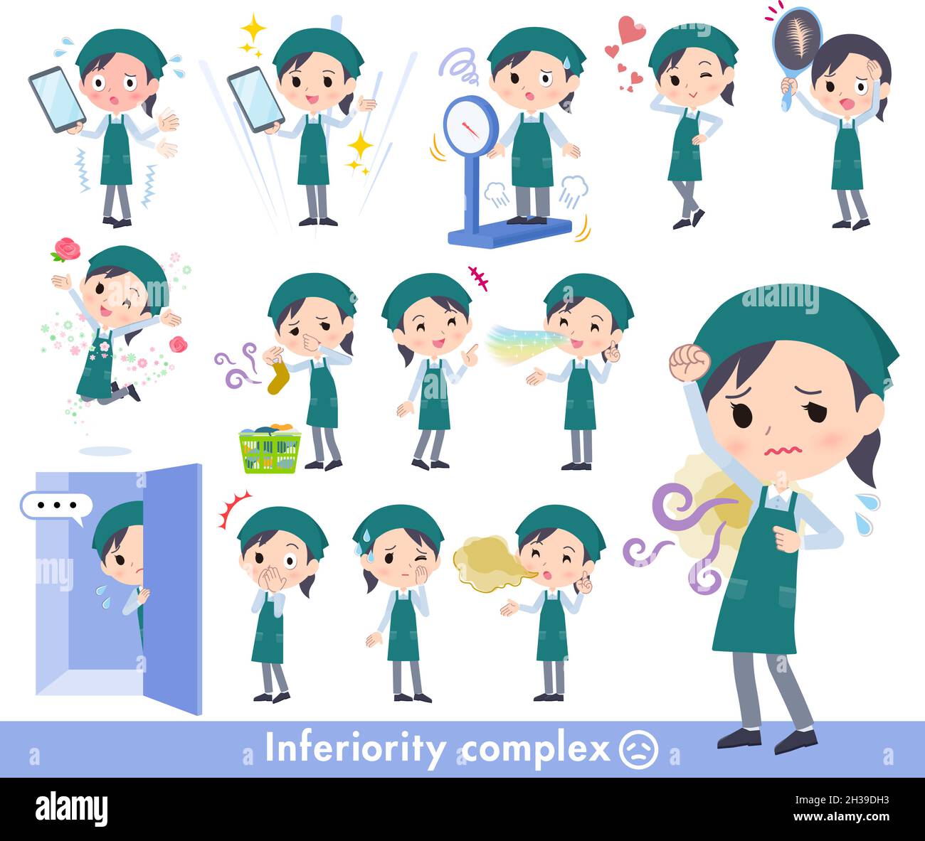 A set of Supermarket staff woman on inferiority complex.It's vector art so easy to edit. Stock Vector