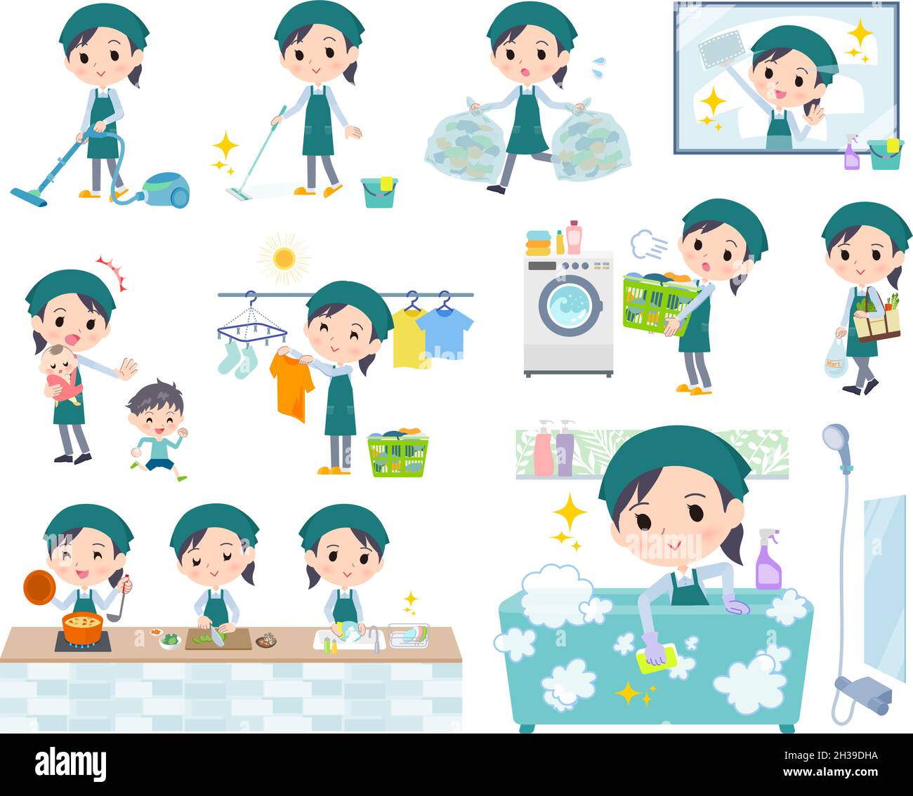 A set of Supermarket staff woman related to housekeeping such as cleaning and laundry.It's vector art so easy to edit. Stock Vector
