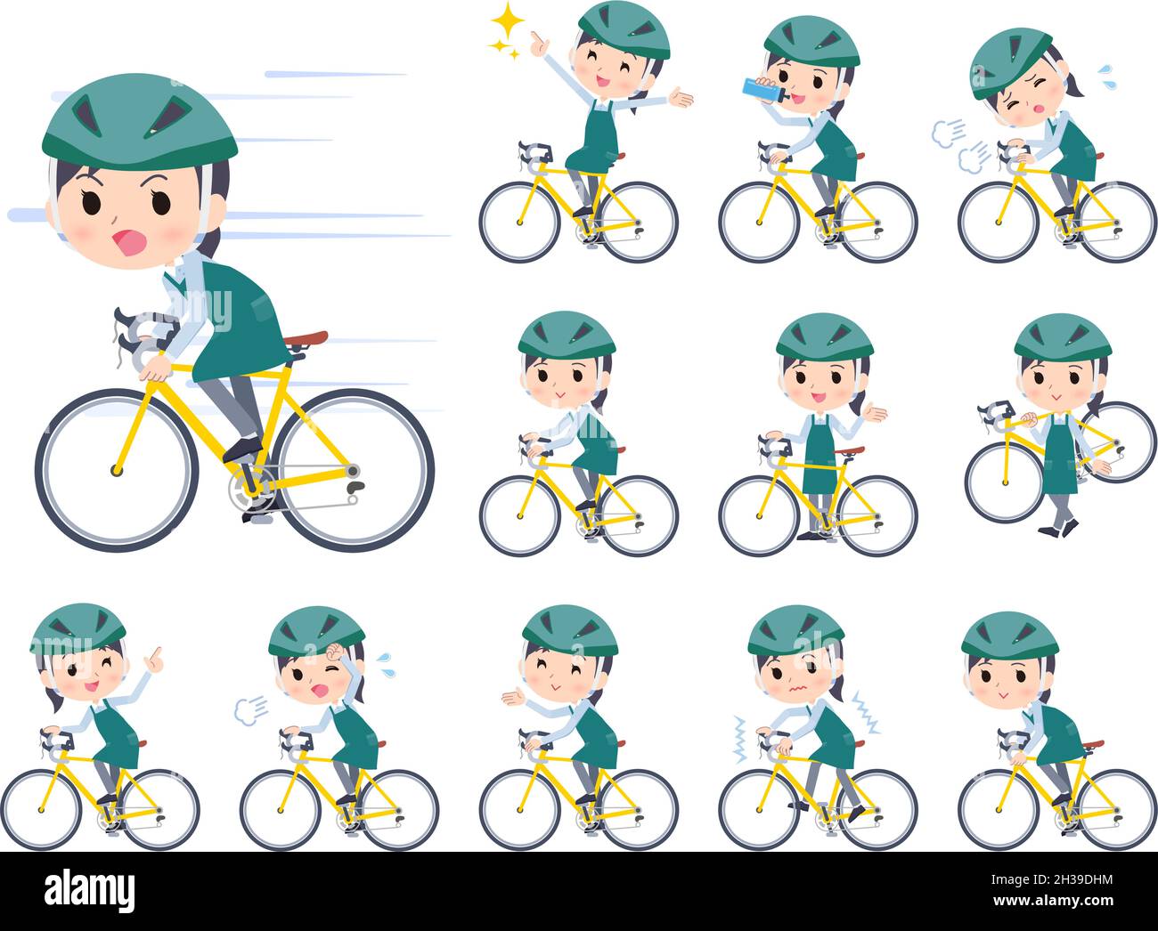 A set of Supermarket staff woman on a road bike.It's vector art so easy to edit. Stock Vector