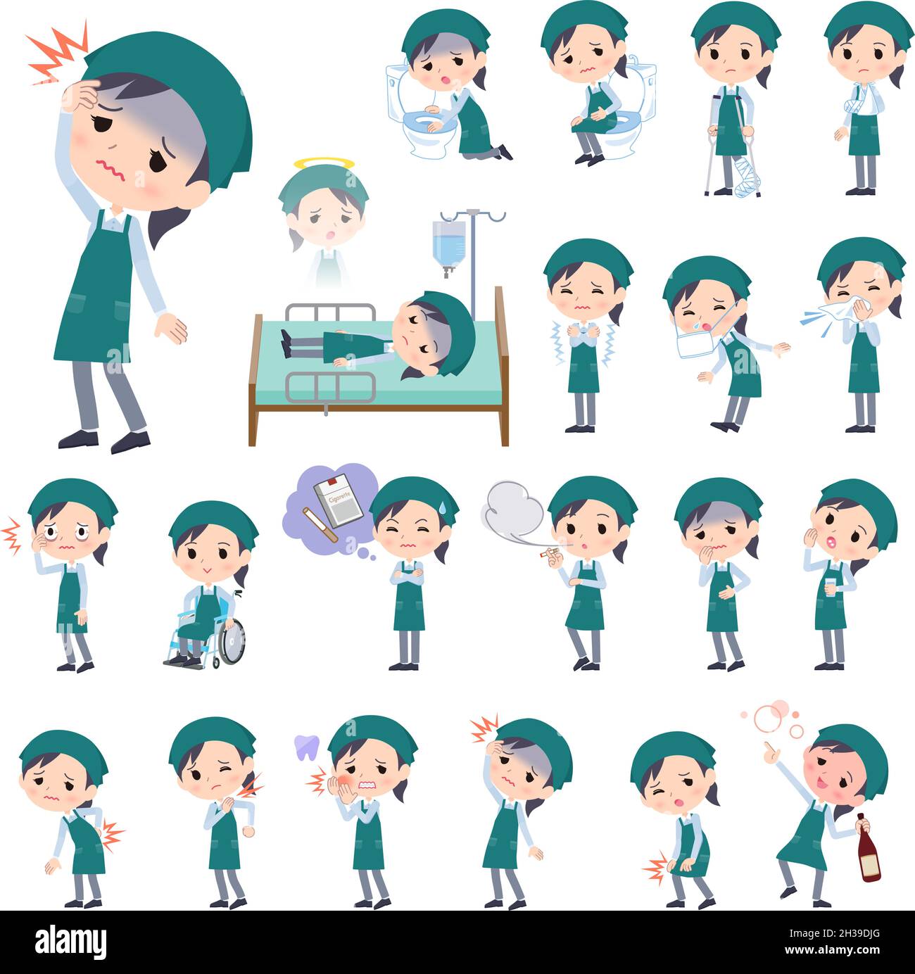 A set of Supermarket staff woman with injury and illness.It's vector art so easy to edit. Stock Vector