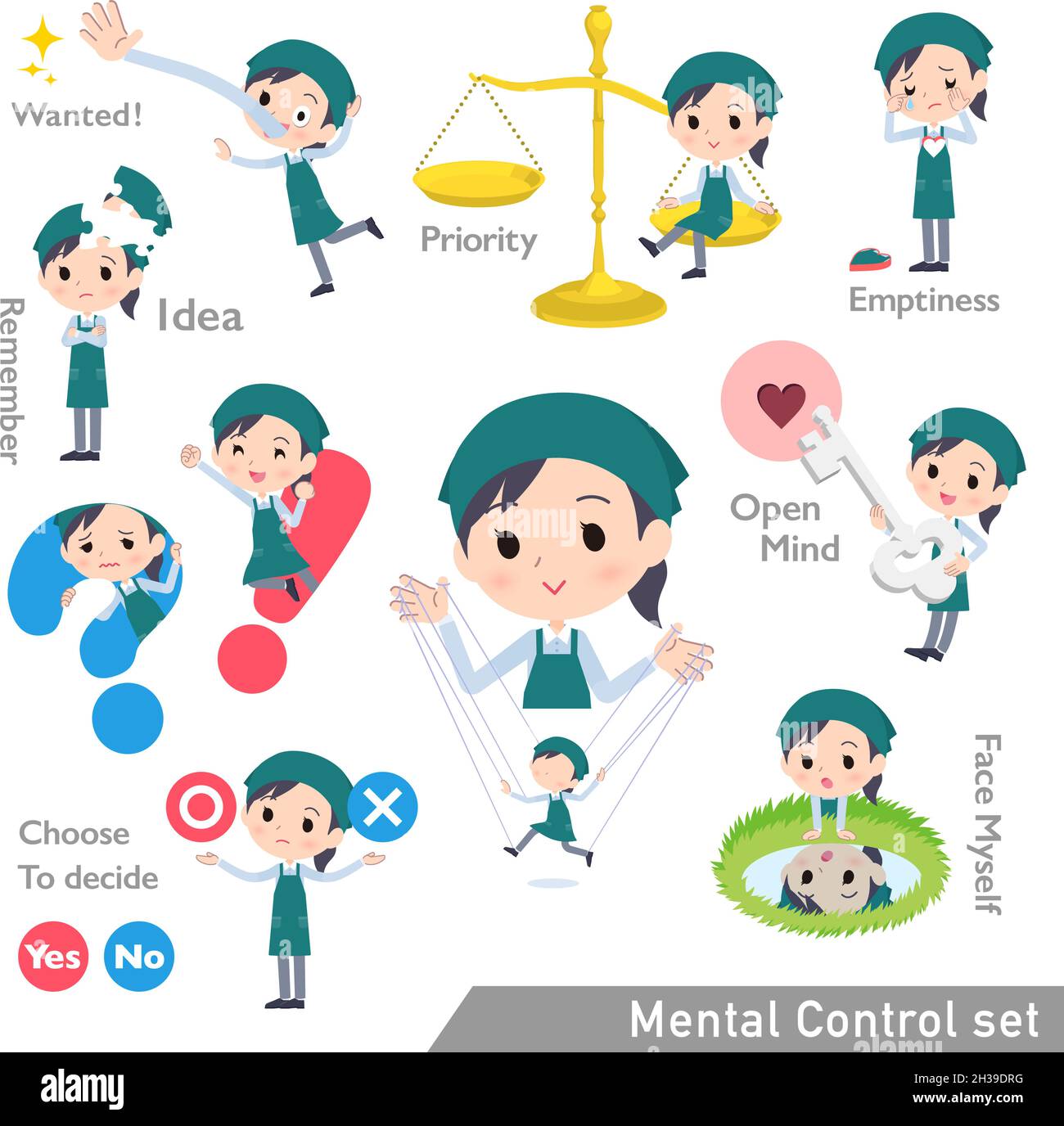 A set of Supermarket staff woman with mental control.It's vector art so easy to edit. Stock Vector