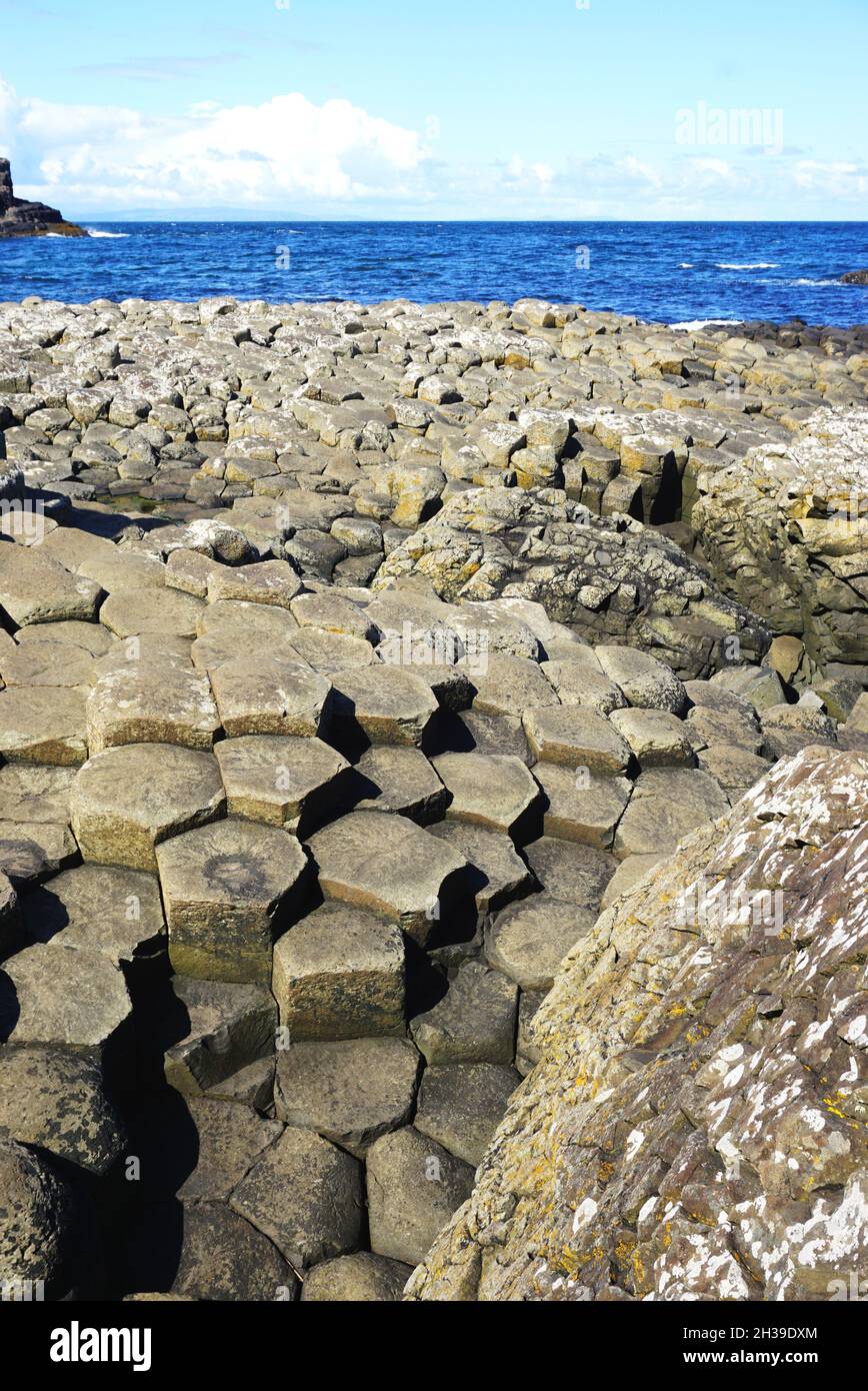 View across a unique formation of ancient volcanic basalt pillars and out to sea at the Giant's Causeway, located in County Antrim, Northern Ireland Stock Photo