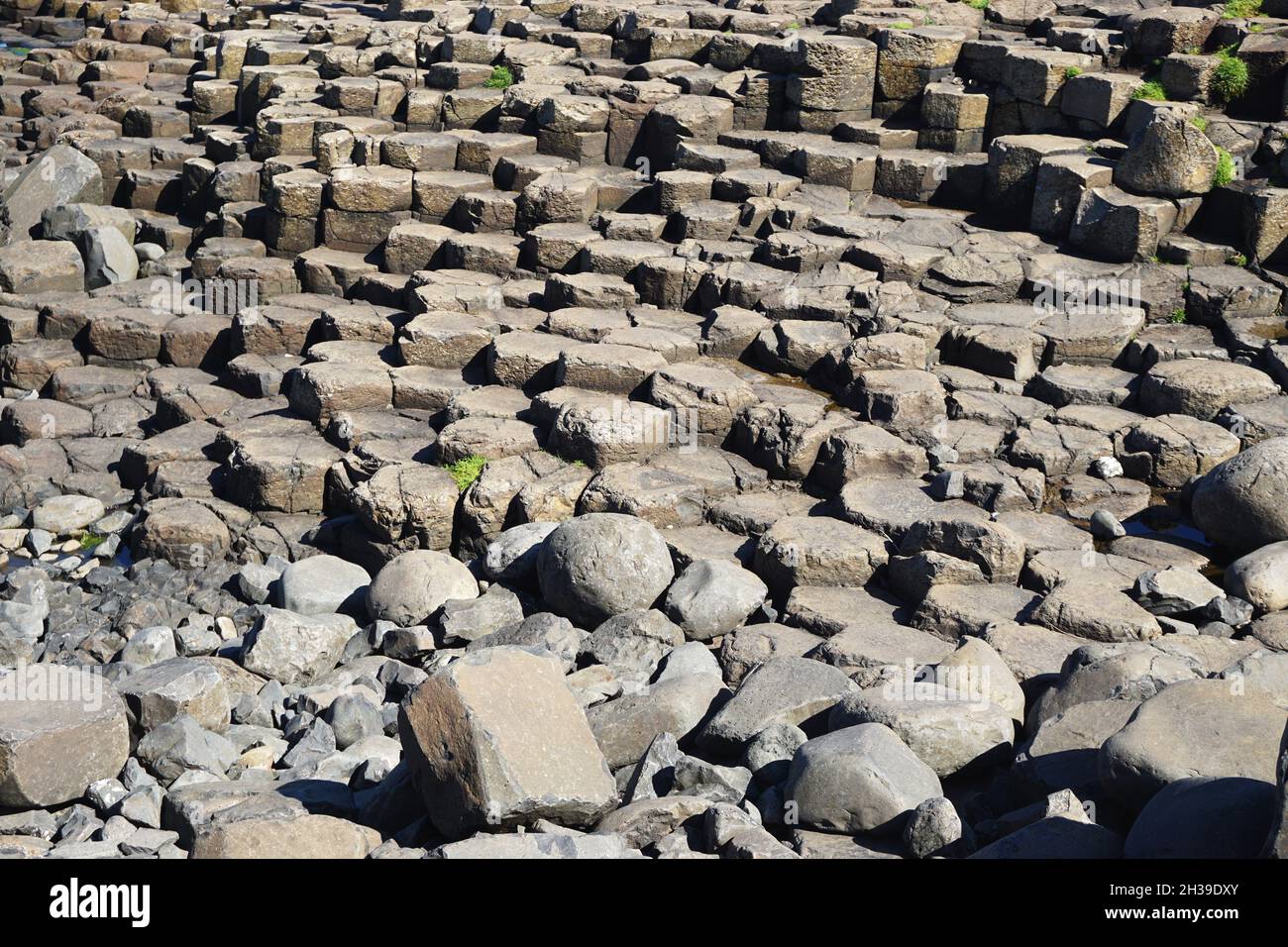 Wide view of natural volcanic rock formations with interlocking shapes at the Giant’s Causeway, in County Antrim on the coast of Northern Ireland Stock Photo